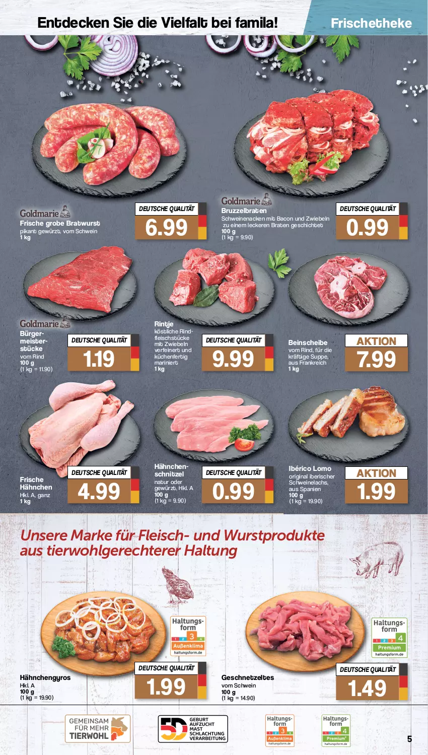 Aktueller Prospekt Famila - Prospekte - von 16.10 bis 21.10.2023 - strona 5 - produkty: bacon, braten, bratwurst, decke, eis, fleisch, Frische Hähnchen, Germ, geschnetzeltes, gewürz, gin, grobe bratwurst, gyros, Hähnchengyros, Hähnchenschnitzel, küche, Küchen, lachs, LG, Meister, mit zwiebeln, natur, rind, rindfleisch, schnitzel, schwein, schweine, Schweinelachs, schweinenacken, suppe, Ti, wein, weine, wurst, Zelt, zwiebel, zwiebeln