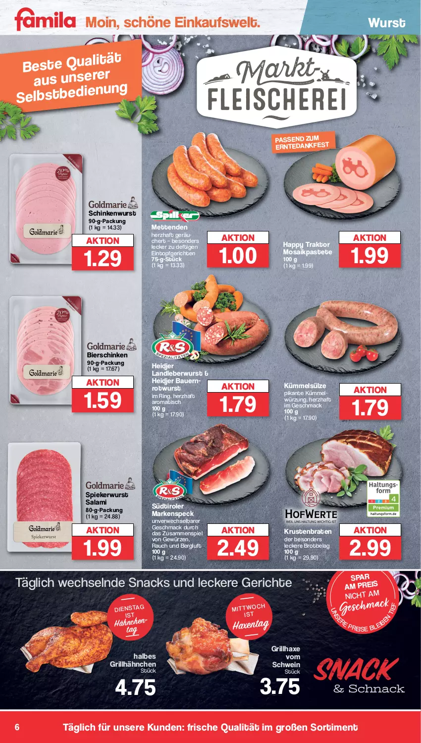 Aktueller Prospekt Famila - Prospekte - von 16.10 bis 21.10.2023 - strona 6 - produkty: auer, axe, Bau, Bauer, bier, bierschinken, braten, brot, eintopf, eis, gewürz, grill, grillhähnchen, grillhaxe, Haxe, krustenbraten, landleberwurst, leberwurst, mac, Mett, metten, Mettenden, pastete, Rauch, reis, ring, Rotwurst, rwe, salami, schinken, schinkenwurst, schwein, snack, snacks, Speck, südtiroler, Ti, tisch, topf, wein, wurst