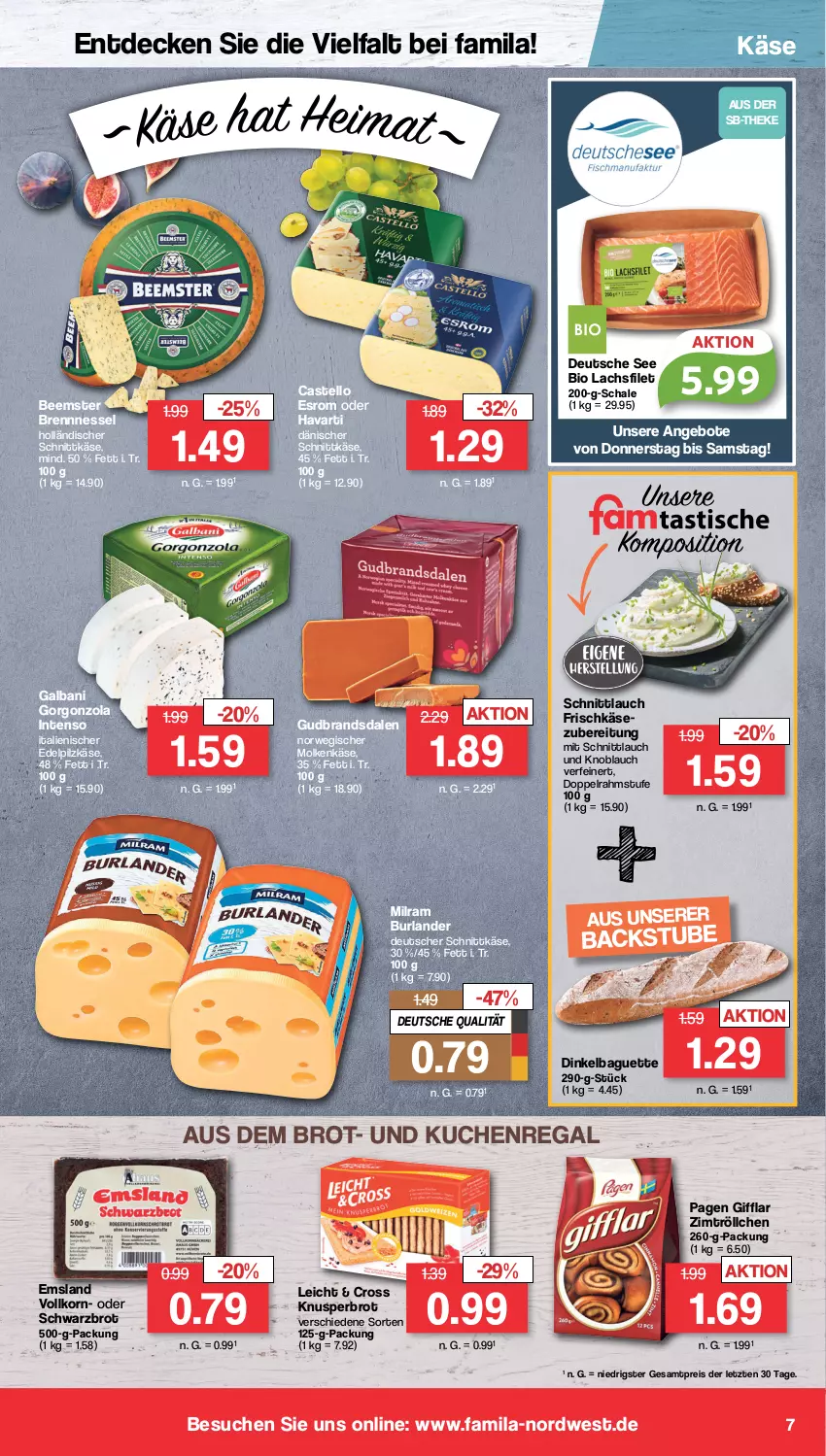 Aktueller Prospekt Famila - Prospekte - von 16.10 bis 21.10.2023 - strona 7 - produkty: angebot, angebote, baguette, Beemster, bio, brot, burlander, dänischer schnittkäse, decke, deutscher schnittkäse, doppelrahmstufe, eis, esrom, filet, frischkäse, galbani, gorgonzola, holländischer schnittkäse, intenso, Käse, knoblauch, korn, kuchen, lachs, lachsfilet, milram, regal, reis, rwe, Schal, Schale, schnittkäse, schnittlauch, Schwarzbrot, stube, Ti, ZTE