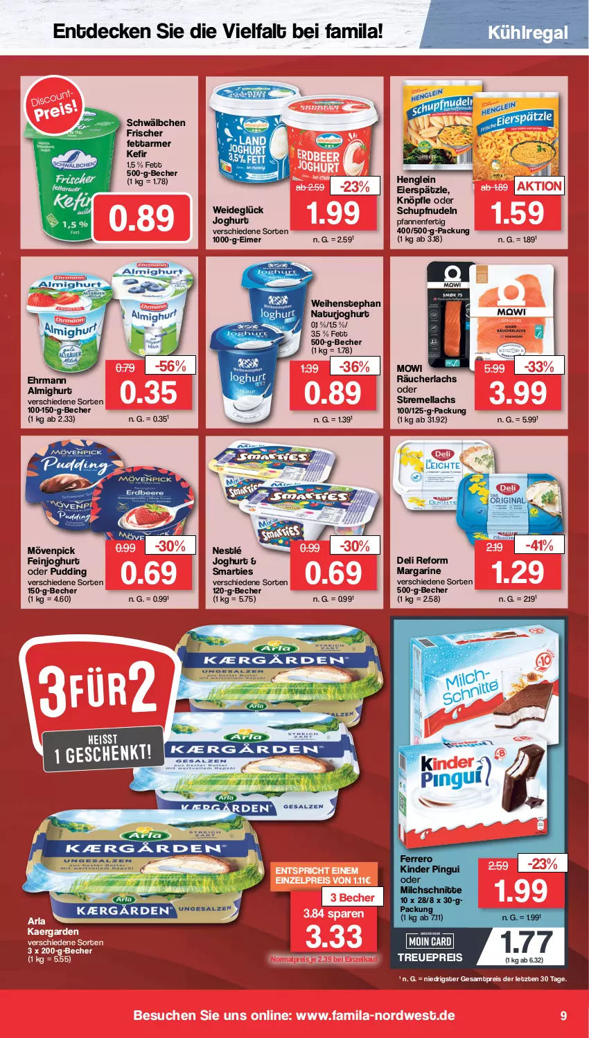 Aktueller Prospekt Famila - Prospekte - von 16.10 bis 21.10.2023 - strona 9 - produkty: almighur, almighurt, arla, Becher, decke, deli reform, ehrmann, ehrmann almighurt, eier, eierspätzle, eimer, eis, feinjoghurt, ferrero, henglein, joghur, joghurt, Kefir, Kinder, kinder pingui, kühlregal, lachs, margarine, milch, Milchschnitte, mövenpick, natur, naturjoghurt, nestlé, nudel, nudeln, pfanne, pfannen, pingui, pudding, Räucherlachs, regal, reis, smarties, Ti, weihenstephan, ZTE