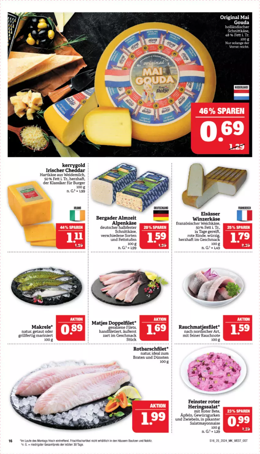 Aktueller Prospekt Marktkauf - Prospekt - von 16.06 bis 22.06.2024 - strona 16 - produkty: Bau, bergader, braten, burger, cheddar, eis, filet, filets, fisch, französischer weichkäse, frischfisch, gewürz, Gewürzgurke, gewürzgurken, gin, gouda, grill, gurke, gurken, halbfester schnittkäse, hartkäse, hering, Herings, Käse, kerrygold, mac, Makrele, matjes, Matjesfilet, mayonnaise, milch, natur, Rauch, reis, rel, rind, ring, Rotbarsch, rotbarschfilet, salat, salz, schnittkäse, Ti, weichkäse, weidemilch, Yo, ZTE, zwiebel, zwiebeln