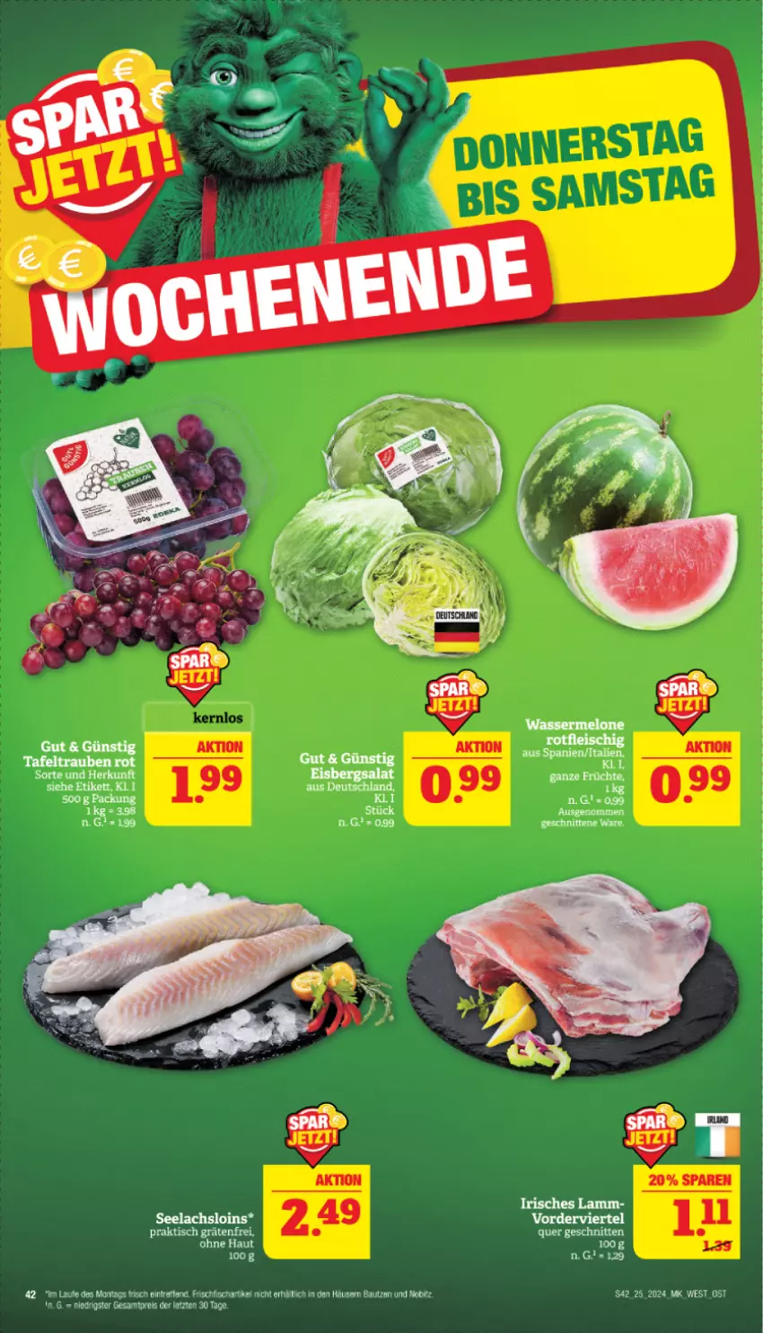 Aktueller Prospekt Marktkauf - Prospekt - von 16.06 bis 22.06.2024 - strona 42 - produkty: Bau, fisch, frischfisch, früchte, lachs, lamm, melone, schnitten, tafeltrauben, Ti, trauben, wasser, wassermelone