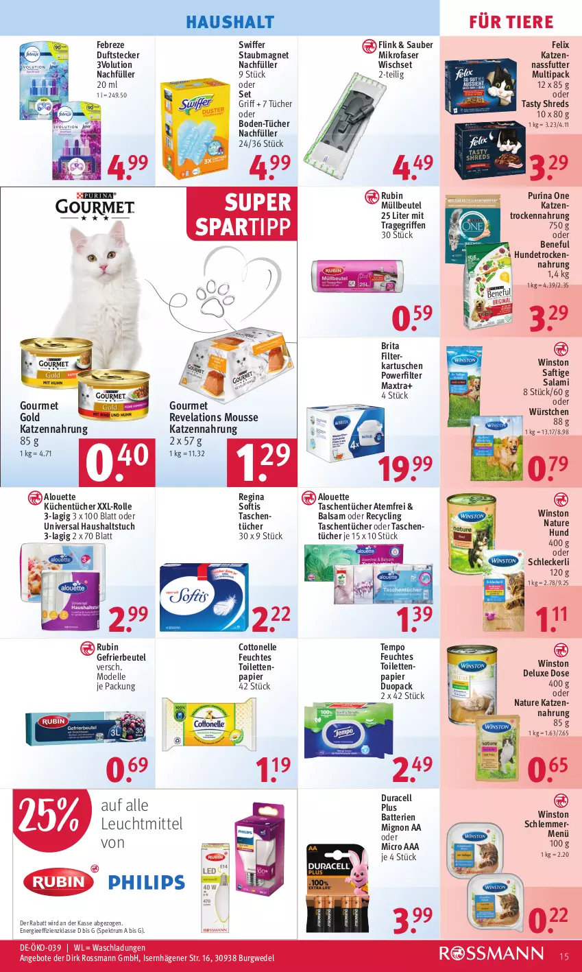 Aktueller Prospekt Rossmann - Prospekte - von 09.01 bis 13.01.2023 - strona 15 - produkty: alouette, angebot, angebote, balsam, batterie, batterien, beutel, brita, Clin, cottonelle, dell, elle, febreze, felix, feuchtes toilettenpapier, filterkartuschen, gefrierbeutel, gin, gourmet gold, Hundetrockennahrung, katzennahrung, küche, Küchen, küchentücher, leuchtmittel, Maxtra, mikrofaser, Mode, mousse, müllbeutel, nassfutter, natur, papier, purina, Rubin, rum, saft, salami, spartipp, Spektrum, staubmagnet, swiffer, Tasche, taschen, taschentücher, Tempo, Ti, Tiere, toilettenpapier, tragegriff, Trockennahrung, tuc, tücher, wedel, würstchen