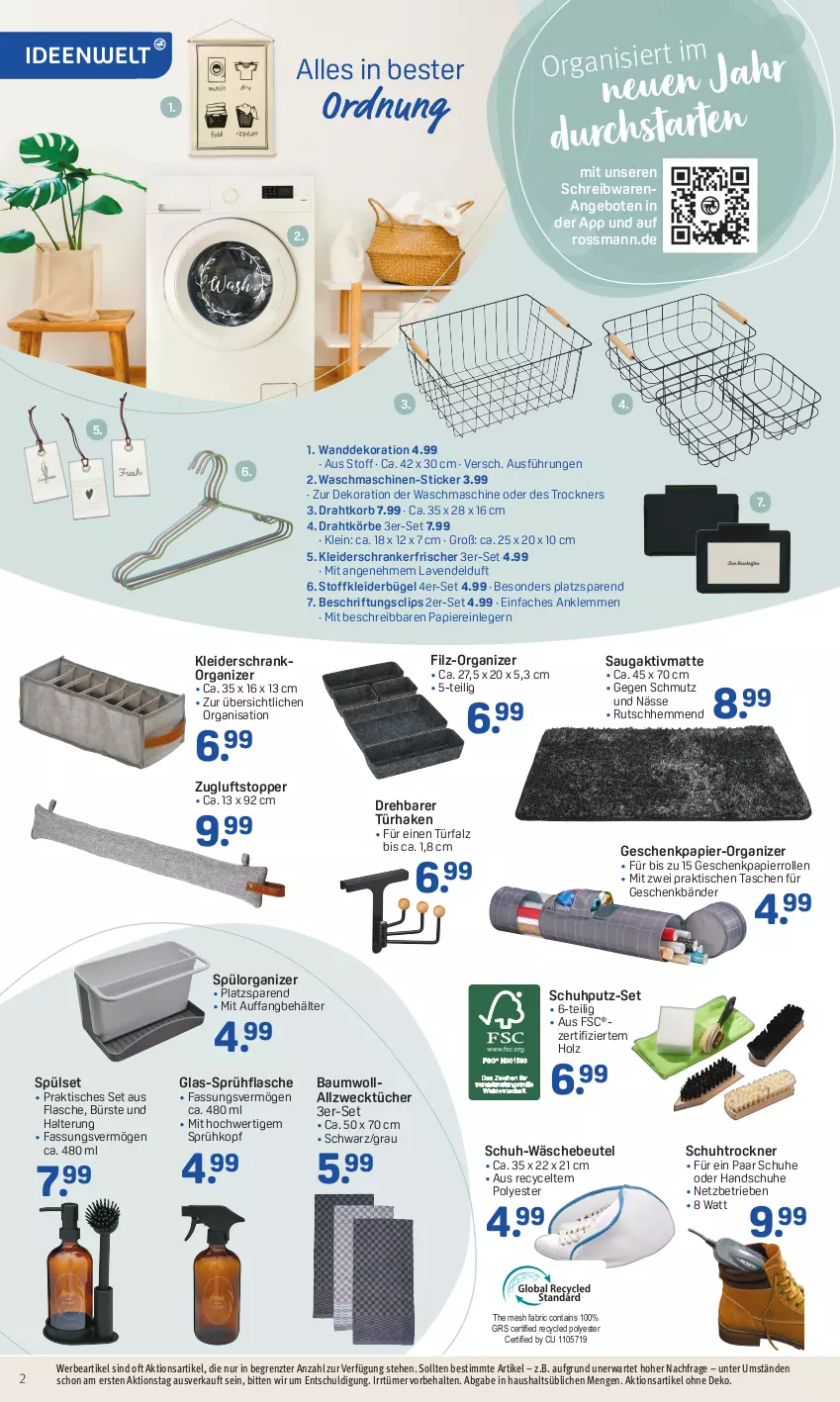 Aktueller Prospekt Rossmann - Prospekte - von 09.01 bis 13.01.2023 - strona 2 - produkty: Allzwecktücher, angebot, angebote, Bau, Behälter, beutel, bügel, bürste, dekoration, Draht, flasche, Geschenkpapier, handschuhe, Holz, HP, kleid, kleider, kleiderbügel, kleiderschrank, korb, lavendel, paar schuhe, papier, Schrank, schreibwaren, schuhe, sprühflasche, Tasche, taschen, Ti, tisch, topper, Trockner, tücher, Wanddeko, waschmaschine, waschmaschinen, weck, ZTE, Zugluftstopper