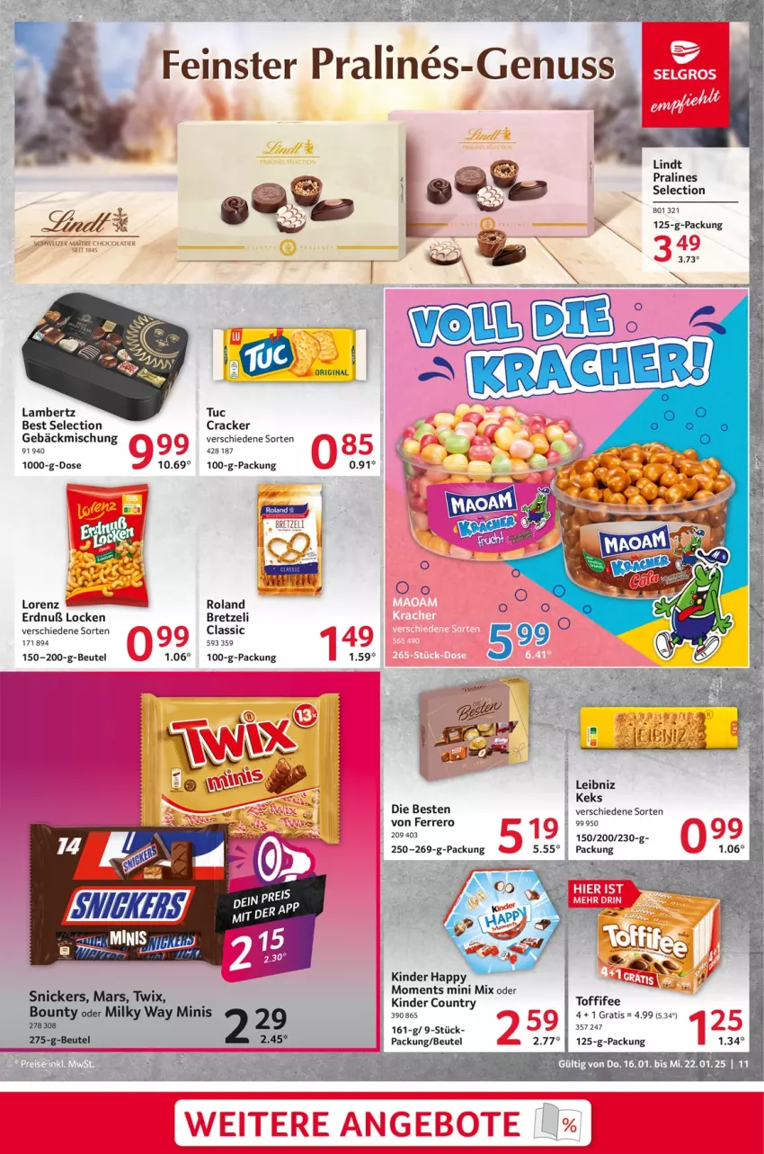 Aktueller Prospekt Selgros - Food - von 16.01 bis 22.01.2025 - strona 11 - produkty: AEZ, Amber, beutel, bounty, Brei, cracker, ferrero, gebäckmischung, gin, keks, Kinder, kinder country, lambertz, leibniz, lindt, lorenz, mars, milky way, snickers, Ti, toffifee, tuc, twix