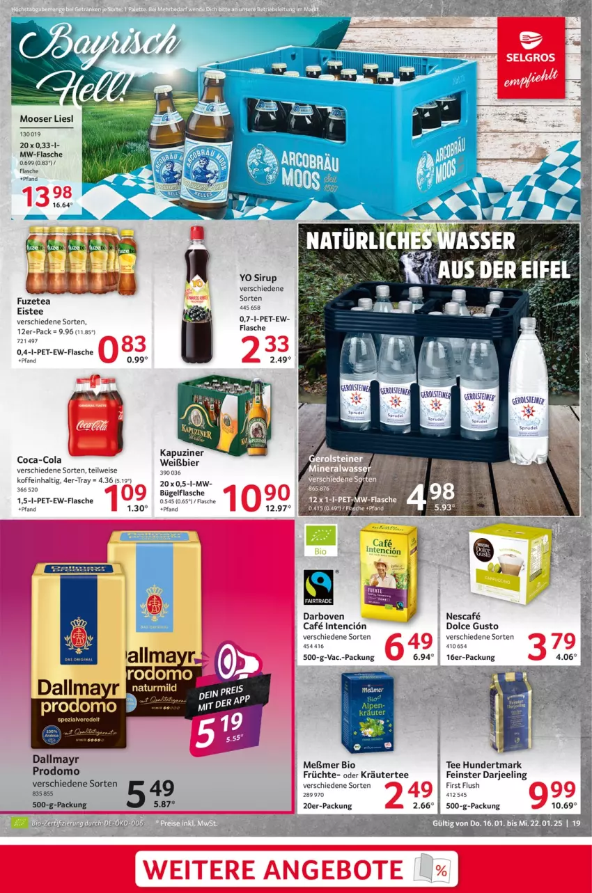 Aktueller Prospekt Selgros - Food - von 16.01 bis 22.01.2025 - strona 19 - produkty: bier, bio, bügel, bügelflasche, coca-cola, cola, dallmayr, dallmayr prodomo, darbo, darboven, dolce gusto, eis, eistee, flasche, früchte, fuzetea, kräuter, Meßmer, mw-flasche, nescafe, oder kräuter, prodomo, sirup, Spezi, steiner, tee, Ti, Yo