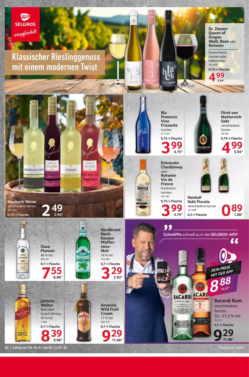 Aktueller Prospekt Selgros - Food - von 16.01 bis 22.01.2025 - strona 20 - produkty: amarula, bacardi, bacardi rum, chardonnay, ecco, flasche, frizzante, henkel, henkell, likör, Mett, metternich, nordbrand, ouzo, pfeffer, prosecco, rotwein, rum, scotch, scotch whisky, sekt, Ti, vin de france, wein, whisky, Wild