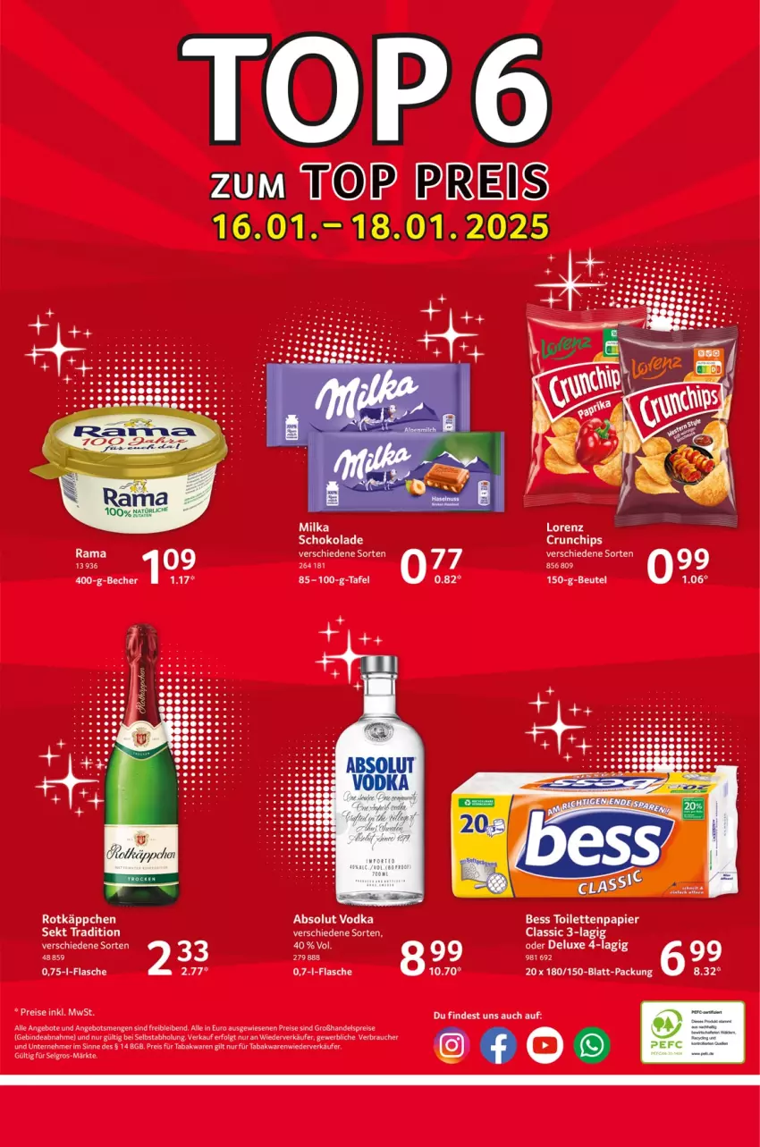 Aktueller Prospekt Selgros - Food - von 16.01 bis 22.01.2025 - strona 24 - produkty: angebot, angebote, beutel, chips, crunchips, eis, flasche, LG, milka, papier, rama, Rauch, reis, rotkäppchen, schoko, schokolade, Ti, toilettenpapier