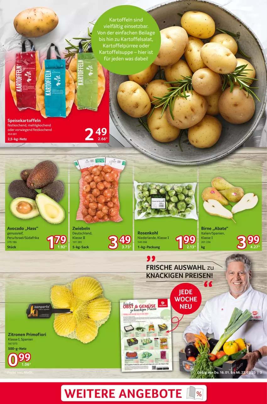 Aktueller Prospekt Selgros - Food - von 16.01 bis 22.01.2025 - strona 3 - produkty: angebot, angebote, avocado, eis, kartoffel, kartoffeln, LG, mehl, nuss, reis, rosen, Rosenkohl, sac, speisekartoffeln, zitrone, zitronen, zwiebel, zwiebeln