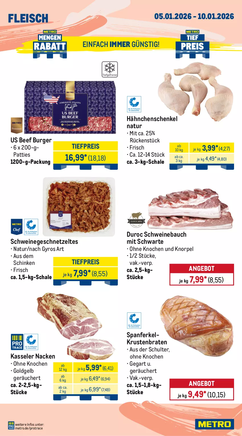 Aktueller Prospekt Metro - Wochen-Angebote - von 05.01 bis 10.01.2026 - strona 3 - produkty: angebot, axe, Bau, beef, braten, burger, eis, entrecôte, fleisch, geschnetzeltes, gulasch, gyros, hähnchenschenkel, Haxe, henkel, kasseler, krustenbraten, Metro, natur, reis, rind, rinder, rindergulasch, roastbeef, rollbraten, Schal, Schale, schenkel, schinken, schwein, schweine, Schweinebauch, steak, steaks, Ti, tiefpreis, wein, weine, Zelt