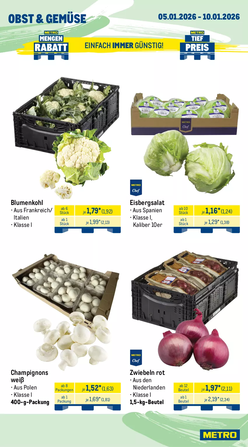Aktueller Prospekt Metro - Wochen-Angebote - von 05.01 bis 10.01.2026 - strona 9 - produkty: avocado, Becher, beutel, blume, blumen, blumenkohl, champignon, champignons, eis, eisbergsalat, guacamole, küche, Küchen, mac, obst, reis, Ria, salat, Ti, tiefpreis, zwiebel, zwiebeln