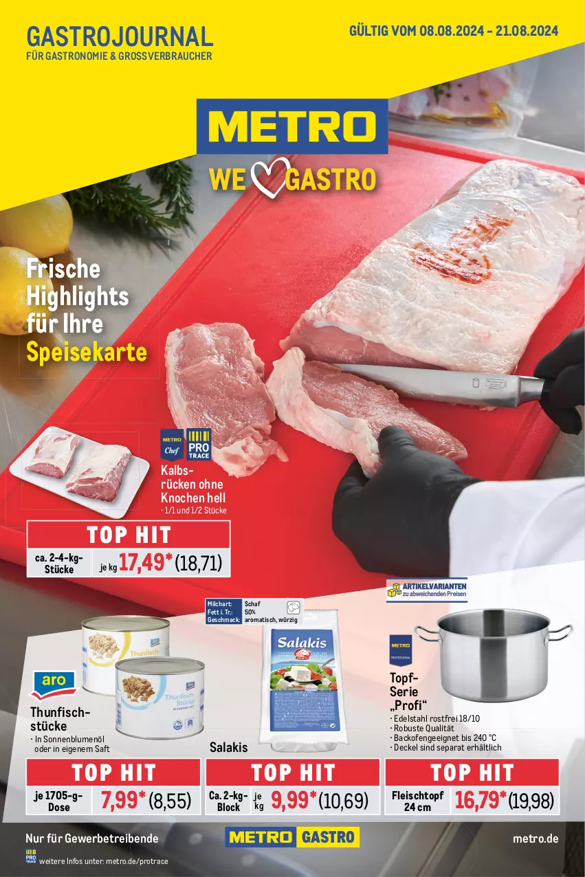 Aktueller Prospekt Metro - GastroJournal - von 08.08 bis 21.08.2024 - strona 1 - produkty: backofen, blume, blumen, blumenöl, decke, Deckel, edelstahl, eis, fisch, fleisch, Fleischtopf, mac, Metro, milch, Ofen, Rauch, saft, salakis, sonnenblume, sonnenblumen, sonnenblumenöl, thunfisch, Ti, tisch, topf