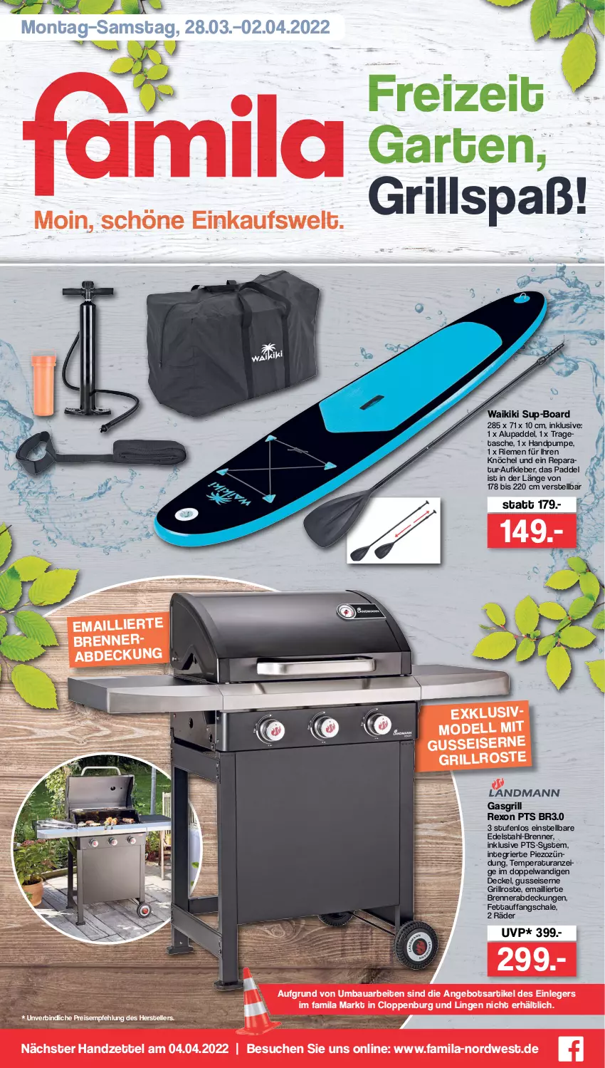 Aktueller Prospekt Famila - Prospekte - von 28.03 bis 02.04.2022 - strona 1 - produkty: angebot, Aufkleber, Bau, decke, Deckel, edelstahl, eis, elle, Garten, gasgrill, grill, grillrost, kleber, reis, Schal, Schale, Tasche, teller, Ti