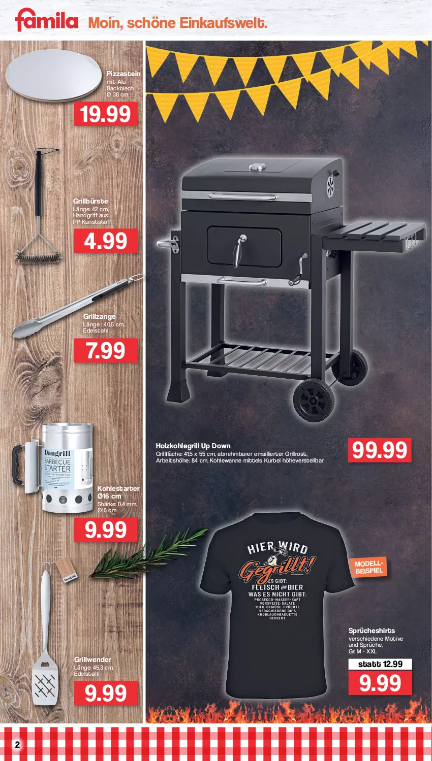 Aktueller Prospekt Famila - Prospekte - von 28.03 bis 02.04.2022 - strona 2 - produkty: bürste, edelstahl, eis, grill, grillfläche, grillrost, grillzange, Holz, holzkohle, holzkohlegrill, Kohlegrill, Mode, pizza, shirt, shirts, Ti, Wanne