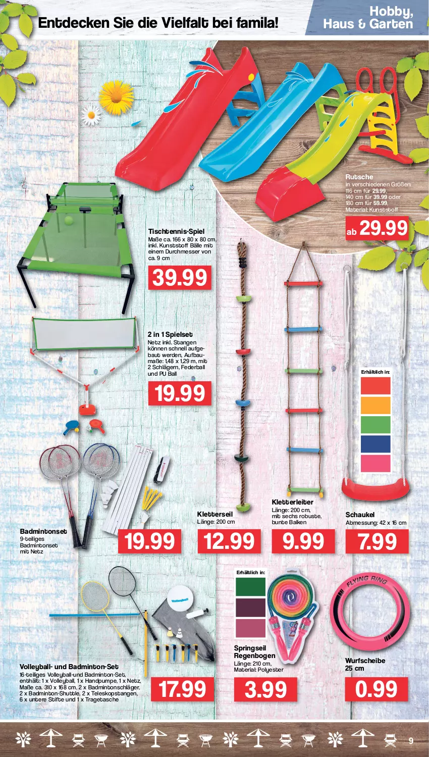 Aktueller Prospekt Famila - Prospekte - von 28.03 bis 02.04.2022 - strona 9 - produkty: Bad, ball, Bau, decke, erde, Garten, Hobby, messer, mint, Ria, ring, Schaukel, stifte, Tasche, Teleskop, Ti, tisch, tragetasche