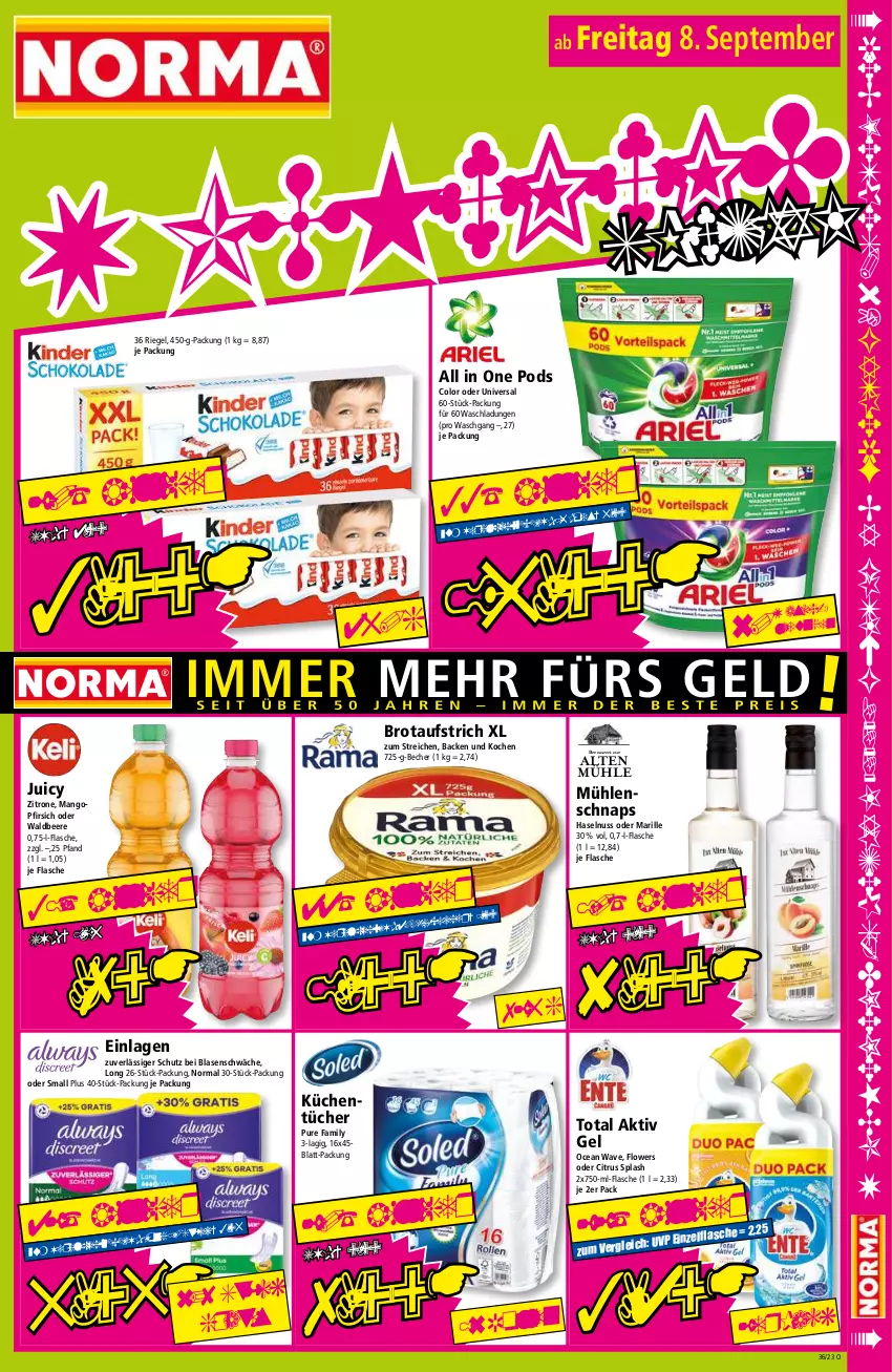 Aktueller Prospekt Norma - Norma - von 04.09 bis 11.09.2023 - strona 15 - produkty: aktiv gel, aufstrich, Becher, beere, brot, brotaufstrich, citrus, flasche, Flowers, haselnuss, küche, Küchen, küchentücher, mango, nuss, pfirsich, Pods, riegel, Ti, tücher, zitrone