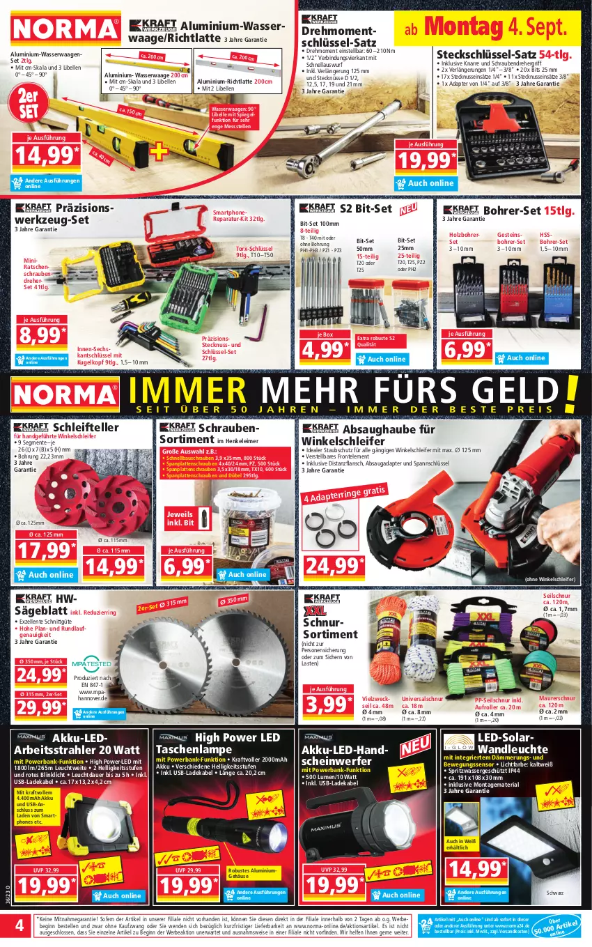 Aktueller Prospekt Norma - Norma - von 04.09 bis 11.09.2023 - strona 4 - produkty: adapter, akku, auer, Bank, Bau, Bewegungssensor, Bohrer-Set, Bohrerset, deka, eimer, eis, elle, ente, gin, henkel, Holz, kraft, Kugel, ladekabel, Lampe, latte, leimer, Leuchte, LG, Maurerschnur, ndk, nuss, powerbank, reis, Ria, ring, Roller, säge, schrauben, Schraubendreher, Seilschnur, smartphone, smartphones, spiegel, Tasche, taschen, taschenlampe, teller, Ti, usb, Vielzweckseil, Waage, wasser, weck, werkzeug, Winkelschleifer