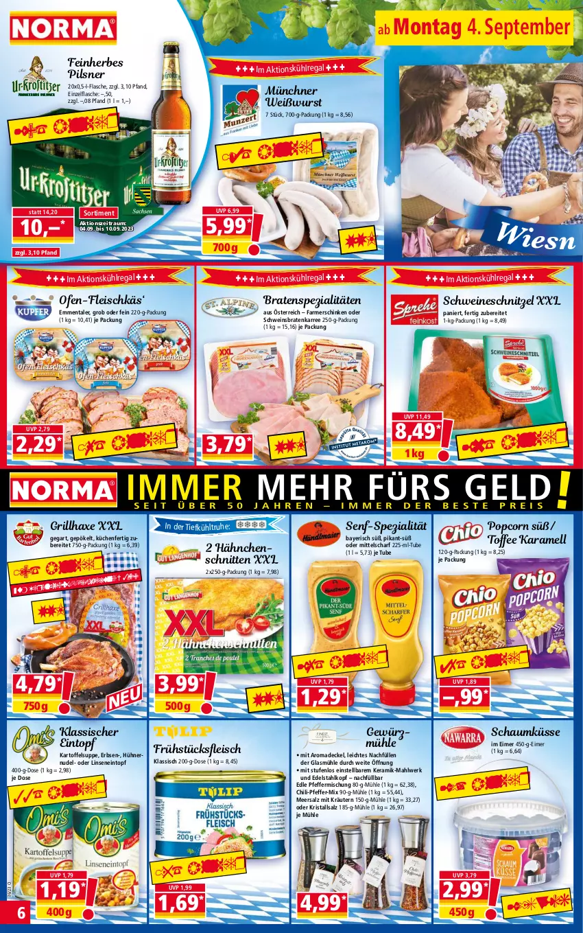 Aktueller Prospekt Norma - Norma - von 04.09 bis 11.09.2023 - strona 6 - produkty: axe, braten, chili, decke, Deckel, edelstahl, eimer, eintopf, eis, emmentaler, erbsen, farmerschinken, flasche, fleisch, frühstücksfleisch, gewürz, Gewürzmühle, grill, grillhaxe, Haxe, hühner, karamell, kartoffel, Kartoffelsuppe, kräuter, kräutern, Kristallsalz, küche, Küchen, kühlregal, linsen, meersalz, nudel, Ofen, pfeffer, pils, pilsner, popcorn, regal, salz, schinken, schnitten, schnitzel, schwein, schweine, schweineschnitzel, senf, Spezi, suppe, Ti, topf, wein, weine, Weißwurst, wurst