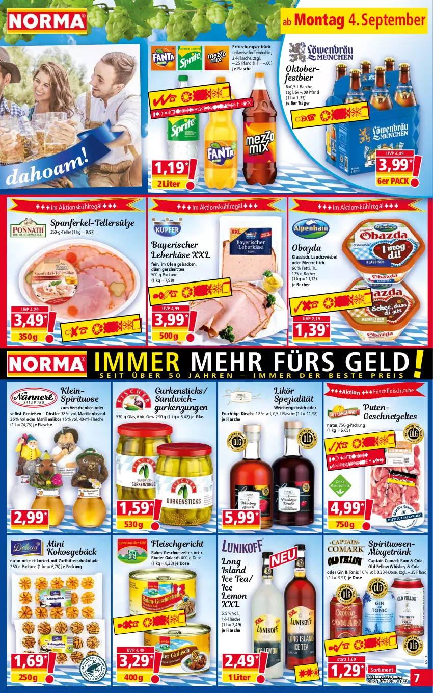 Aktueller Prospekt Norma - Norma - von 04.09 bis 11.09.2023 - strona 7 - produkty: Becher, bier, Cap, cola, eis, elle, erfrischungsgetränk, flasche, fleisch, frucht, geback, geschnetzeltes, getränk, gin, gulasch, gurke, gurken, ice tea, Käse, kirsch, kirsche, kokos, kühlregal, Lauchzwiebel, leberkäs, leberkäse, likör, meerrettich, Mixgetränk, natur, obazda, obst, Ofen, pfirsich, pute, Putengeschnetzeltes, regal, Rettich, rind, rinder, rum, sandwich, schnitten, schoko, schokolade, Spezi, spirituosen, teller, Ti, tonic, wein, whiskey, Zartbitterschokolade, Zelt, zwiebel