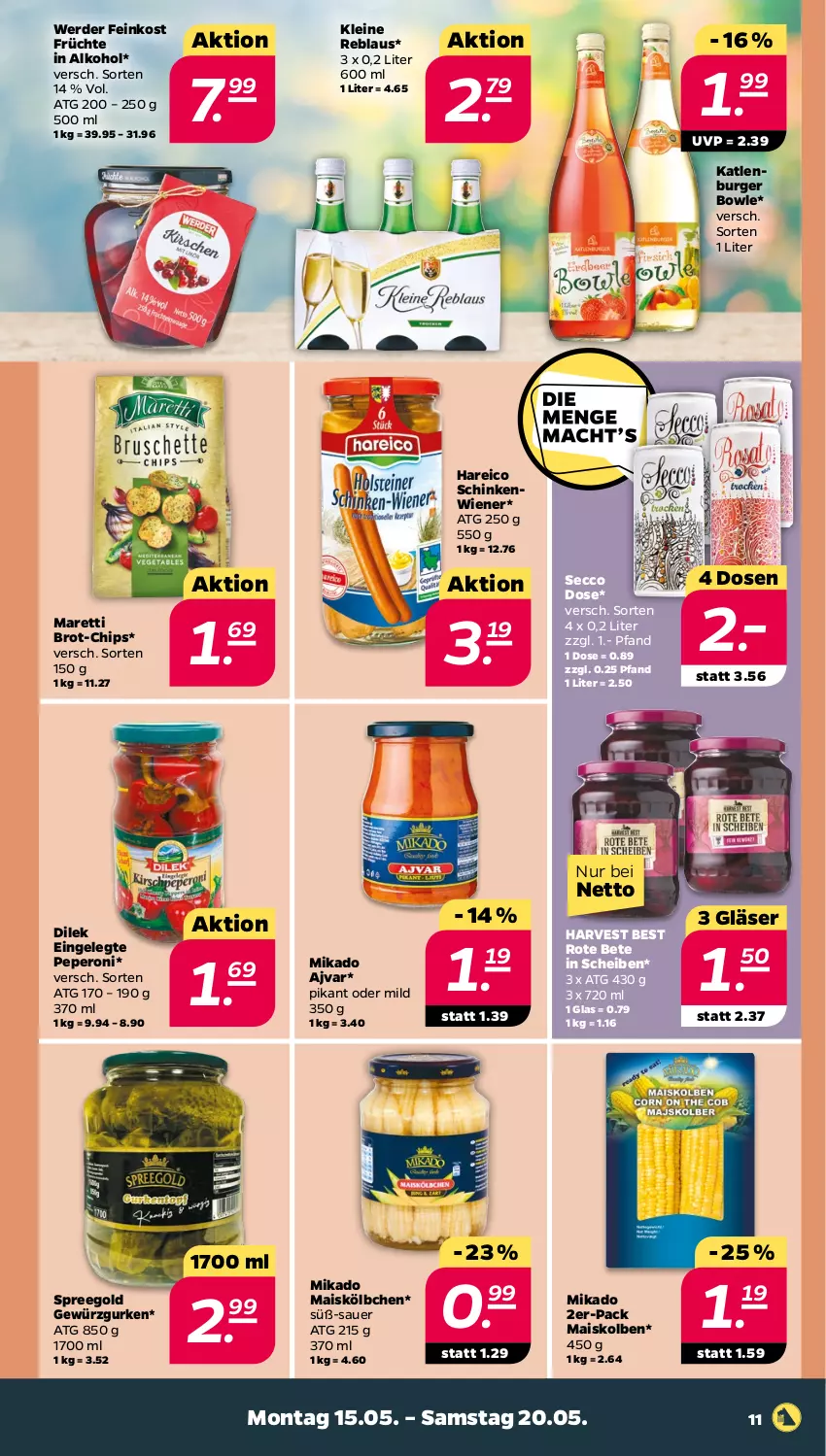 Aktueller Prospekt Netto - Woche 20 - von 15.05 bis 20.05.2023 - strona 11 - produkty: Ajvar, alkohol, auer, bowle, brot, Brot-Chips, burger, chips, ecco, erde, feinkost, früchte, gewürz, Gewürzgurke, gewürzgurken, Gläser, gurke, gurken, katlenburger, leine, mais, mikado, peperoni, Peroni, rote bete, schinken, Ti, wiener