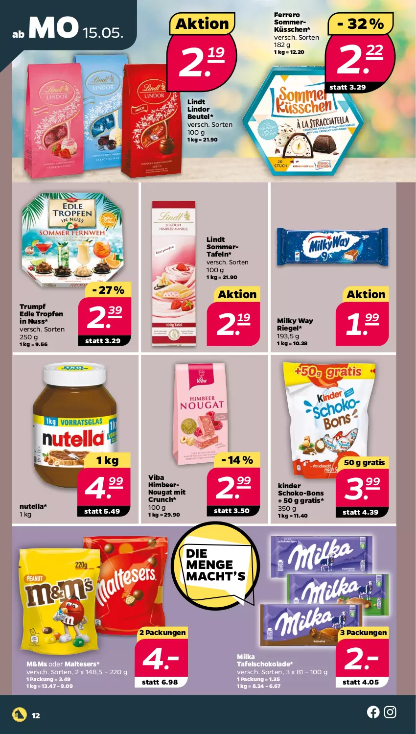 Aktueller Prospekt Netto - Woche 20 - von 15.05 bis 20.05.2023 - strona 12 - produkty: beutel, ferrero, himbeer, Kinder, lindor, lindt, malteser, milka, milky way, nuss, nutella, riegel, rum, schoko, schoko-bons, schokolade, tafelschokolade, Ti