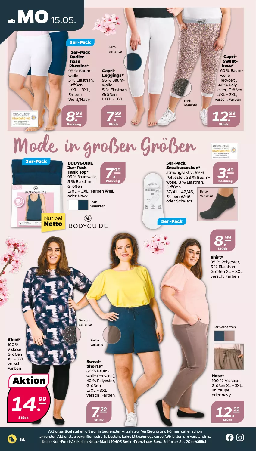 Aktueller Prospekt Netto - Woche 20 - von 15.05 bis 20.05.2023 - strona 14 - produkty: auer, Bau, baumwolle, body, Cap, gin, hose, kleid, leggings, Mode, pril, radler, Ria, shirt, shorts, sneaker, sneakersocken, socken, Sweathose, sweatshorts, Ti, wolle, ZTE