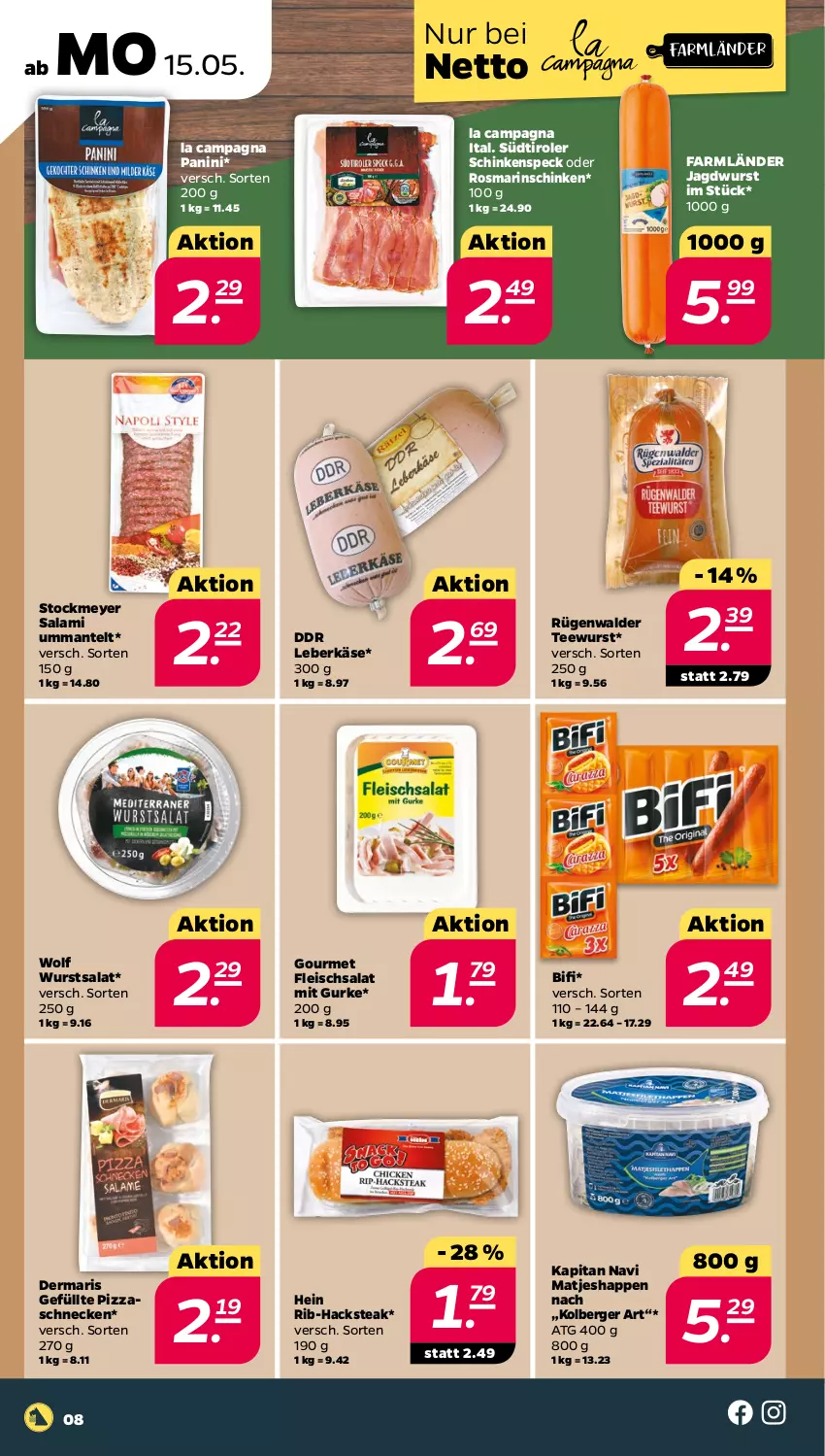 Aktueller Prospekt Netto - Woche 20 - von 15.05 bis 20.05.2023 - strona 8 - produkty: Berger, bifi, eis, fleisch, fleischsalat, gurke, jagdwurst, kapitan navi, Käse, leberkäs, leberkäse, Mantel, matjes, pizza, rosmarin, rügenwalder, salami, salat, schinken, schinkenspeck, Speck, steak, stockmeyer, südtiroler, tee, teewurst, Ti, wurst