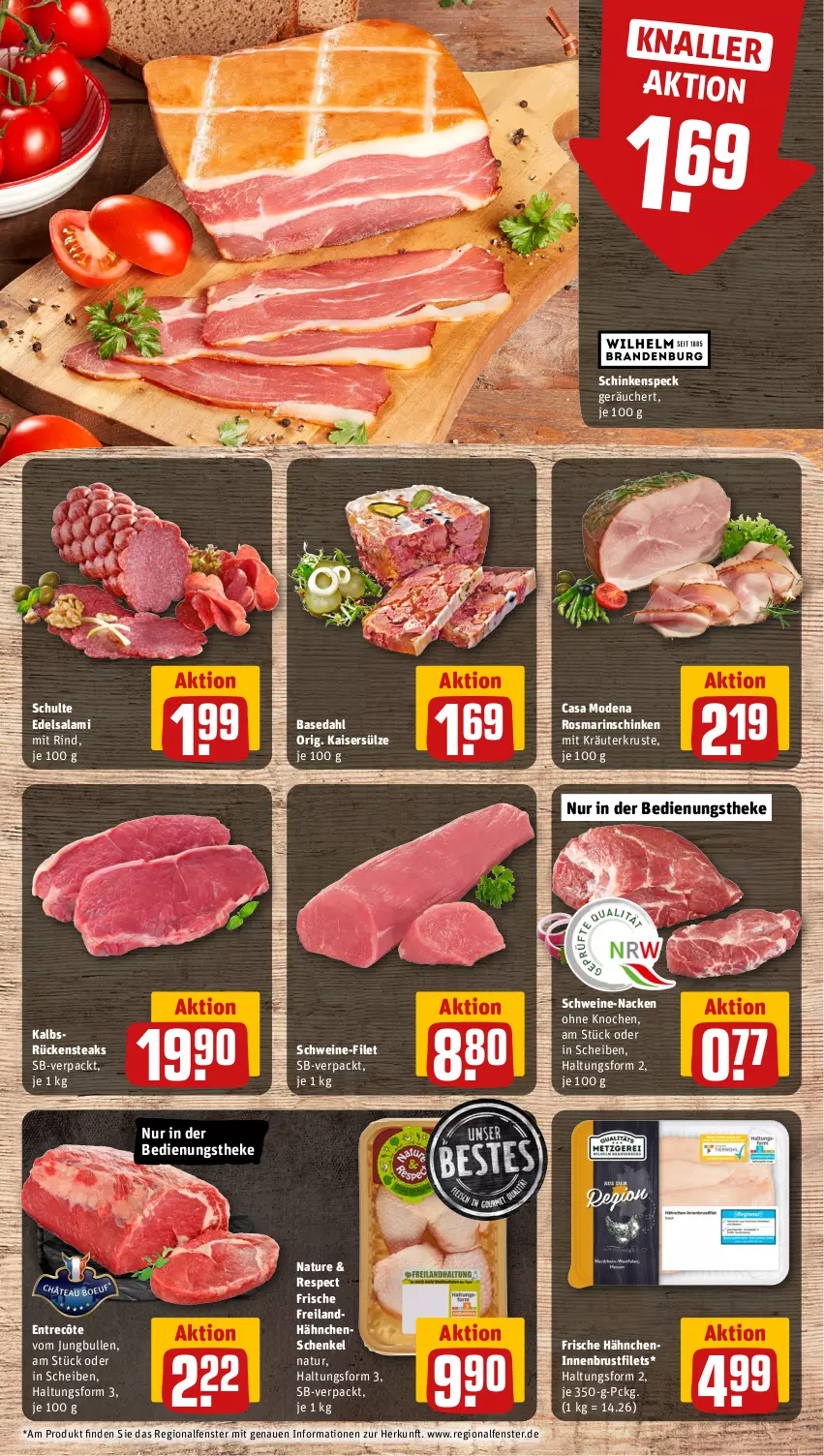 Aktueller Prospekt Rewe - Prospekte - von 15.01 bis 20.01.2024 - strona 10 - produkty: brustfilet, Casa Modena, Edelsalami, entrecôte, fenster, filet, filets, Frische Hähnchen, hähnchenschenkel, henkel, jungbullen, Kaiser, Kaisersülze, kräuter, Mode, natur, rind, rosmarin, Rückensteak, rückensteaks, salami, schenkel, schinken, schinkenspeck, schwein, schweine, schweine-filet, Speck, steak, steaks, Ti, wein, weine