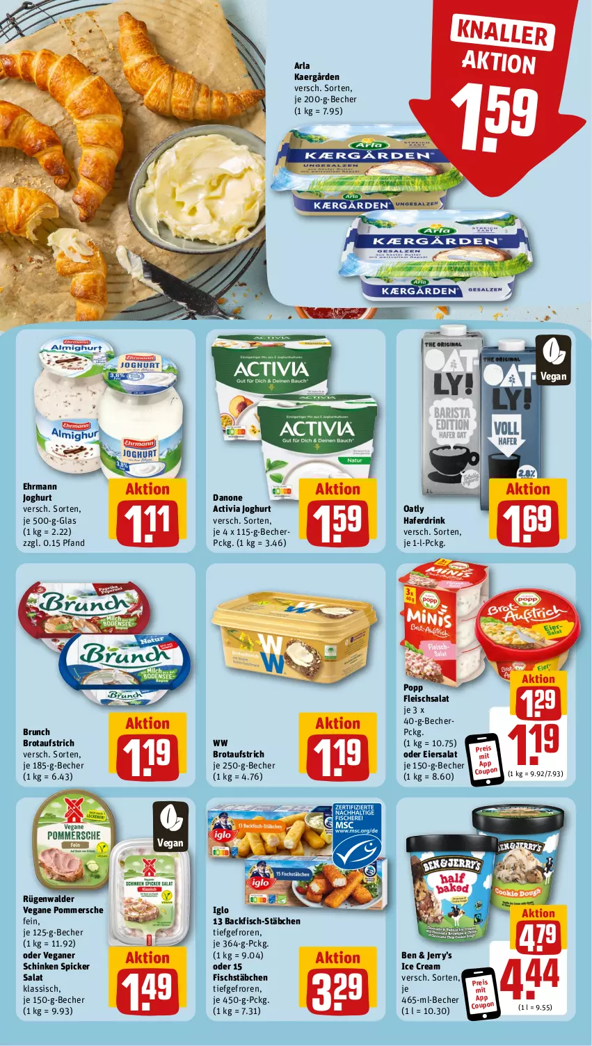 Aktueller Prospekt Rewe - Prospekte - von 15.01 bis 20.01.2024 - strona 12 - produkty: activia, activia joghurt, arla, aufstrich, backfisch, Becher, brot, brotaufstrich, coupon, danone, danone activia, drink, ehrmann, eier, eiersalat, eis, fisch, fischstäbchen, fleisch, fleischsalat, hafer, Haferdrink, iglo, joghur, joghurt, Pommersche, Popp, reis, rügenwalder, salat, schinken, schinken spicker, Ti