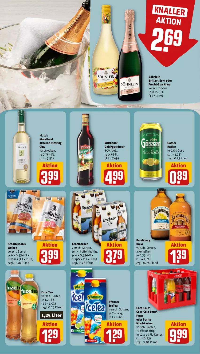 Aktueller Prospekt Rewe - Prospekte - von 15.01 bis 20.01.2024 - strona 13 - produkty: alkohol, brillant sekt, Bundaberg, coca-cola, cola, ente, fanta, fanta oder, fanta oder sprite, frucht, fuze tea, gösser, kräuter, krombache, krombacher, moselland, oder sprite, pfanne, Pfanner, radler, riesling, schöfferhofer, sekt, söhnlein, söhnlein brillant, sprite, Ti, wilthener