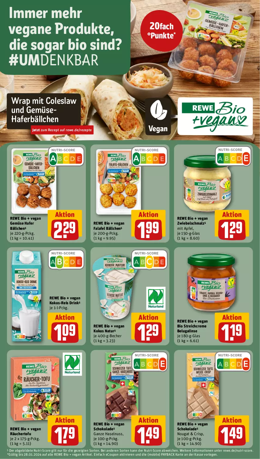 Aktueller Prospekt Rewe - Prospekte - von 15.01 bis 20.01.2024 - strona 15 - produkty: apfel, Becher, Beluga, bio, Coleslaw, coupon, creme, drink, eis, Falafel, hafer, haselnuss, kokos, malz, natur, nuss, payback, reis, rewe bio, rezept, rezepte, Schmalz, schoko, schokolade, Ti, Tofu, und gemüse, wrap, zwiebel