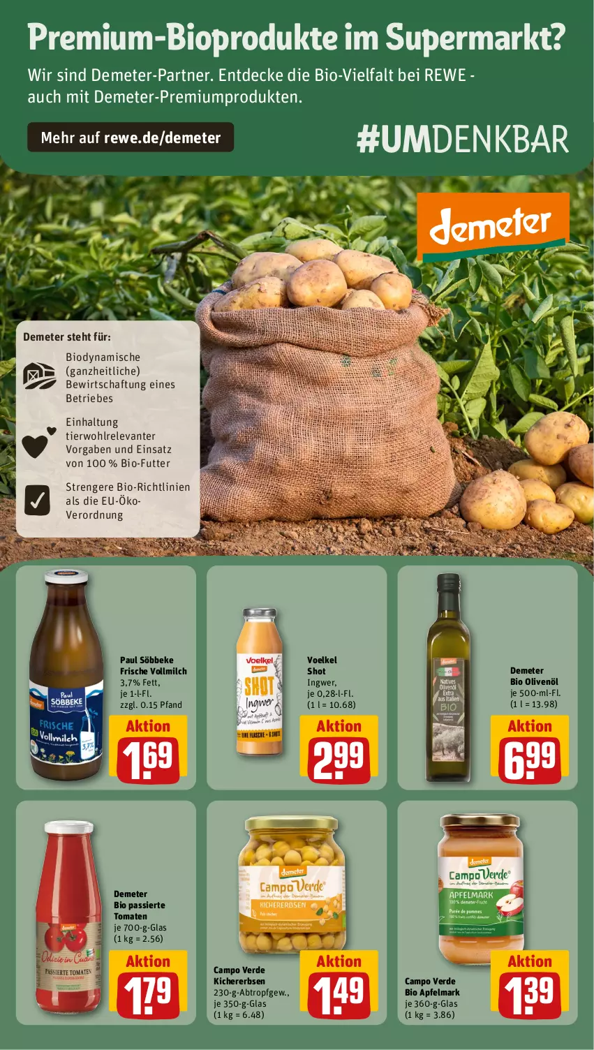 Aktueller Prospekt Rewe - Prospekte - von 15.01 bis 20.01.2024 - strona 16 - produkty: apfel, bio, Campo Verde, decke, erbsen, erde, ingwer, kichererbsen, milch, olive, oliven, olivenöl, rel, söbbeke, Ti, tomate, tomaten, vollmilch