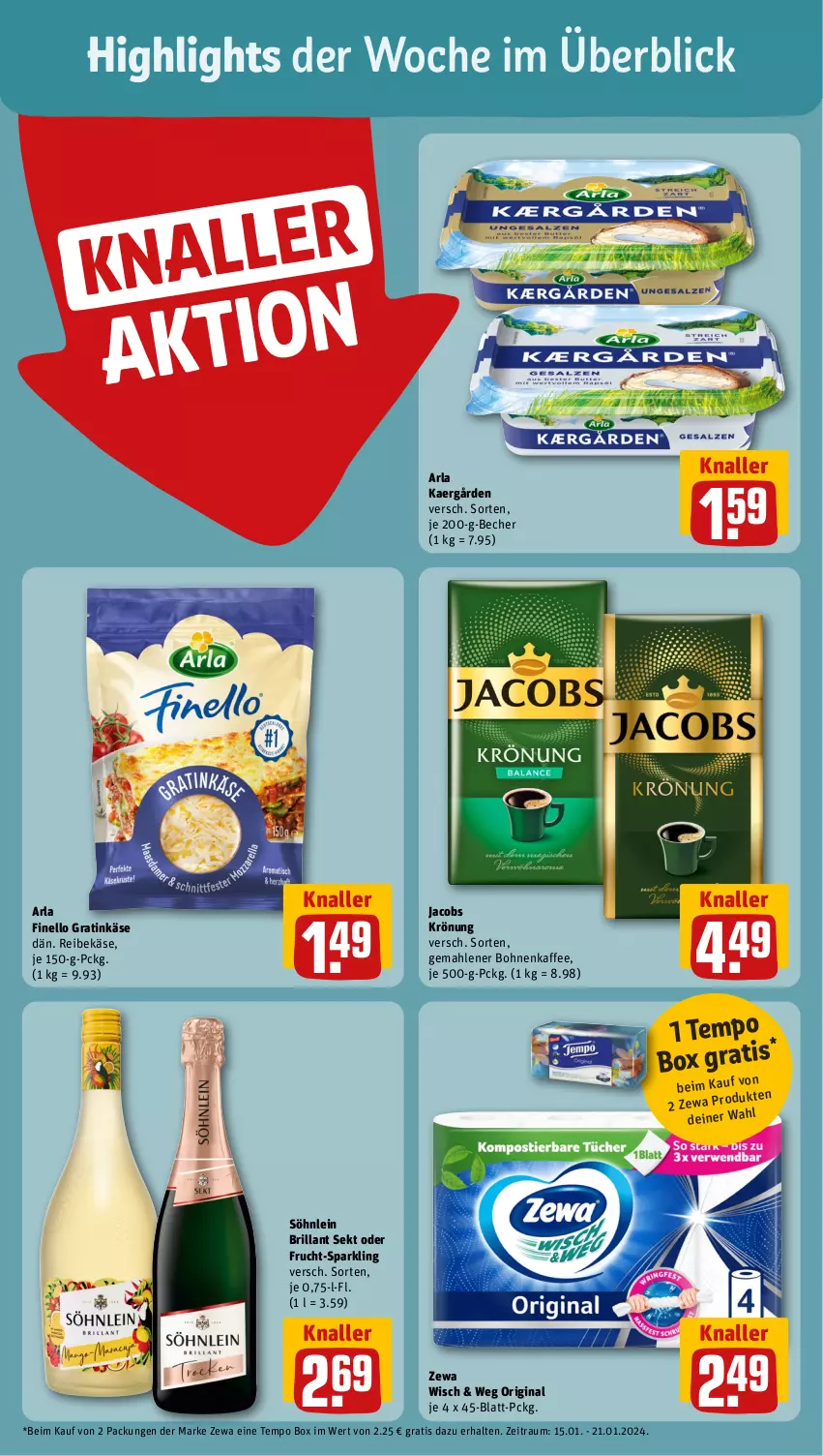 Aktueller Prospekt Rewe - Prospekte - von 15.01 bis 20.01.2024 - strona 2 - produkty: arla, Becher, bohne, bohnen, bohnenkaffee, brillant sekt, finello, frucht, gemahlener bohnenkaffee, gin, jacobs, jacobs krönung, kaffee, Käse, Reibekäse, sekt, söhnlein, söhnlein brillant, Tempo, Ti, zewa