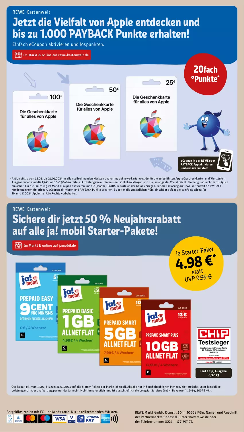 Aktueller Prospekt Rewe - Prospekte - von 15.01 bis 20.01.2024 - strona 20 - produkty: Apple, congstar, coupon, decke, eis, payback, ring, telefon, Ti