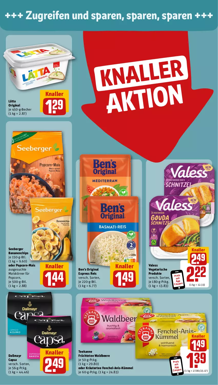 Aktueller Prospekt Rewe - Prospekte - von 15.01 bis 20.01.2024 - strona 4 - produkty: banane, bananen, Becher, beere, Ben’s Original, Berger, Cap, chips, coupon, dallmayr, dallmayr capsa, eis, fenchel, früchte, Früchtetee, gin, kräuter, lätta, mais, oder kräuter, popcorn, reifen, reis, seeberger, tee, teekanne, Vegeta