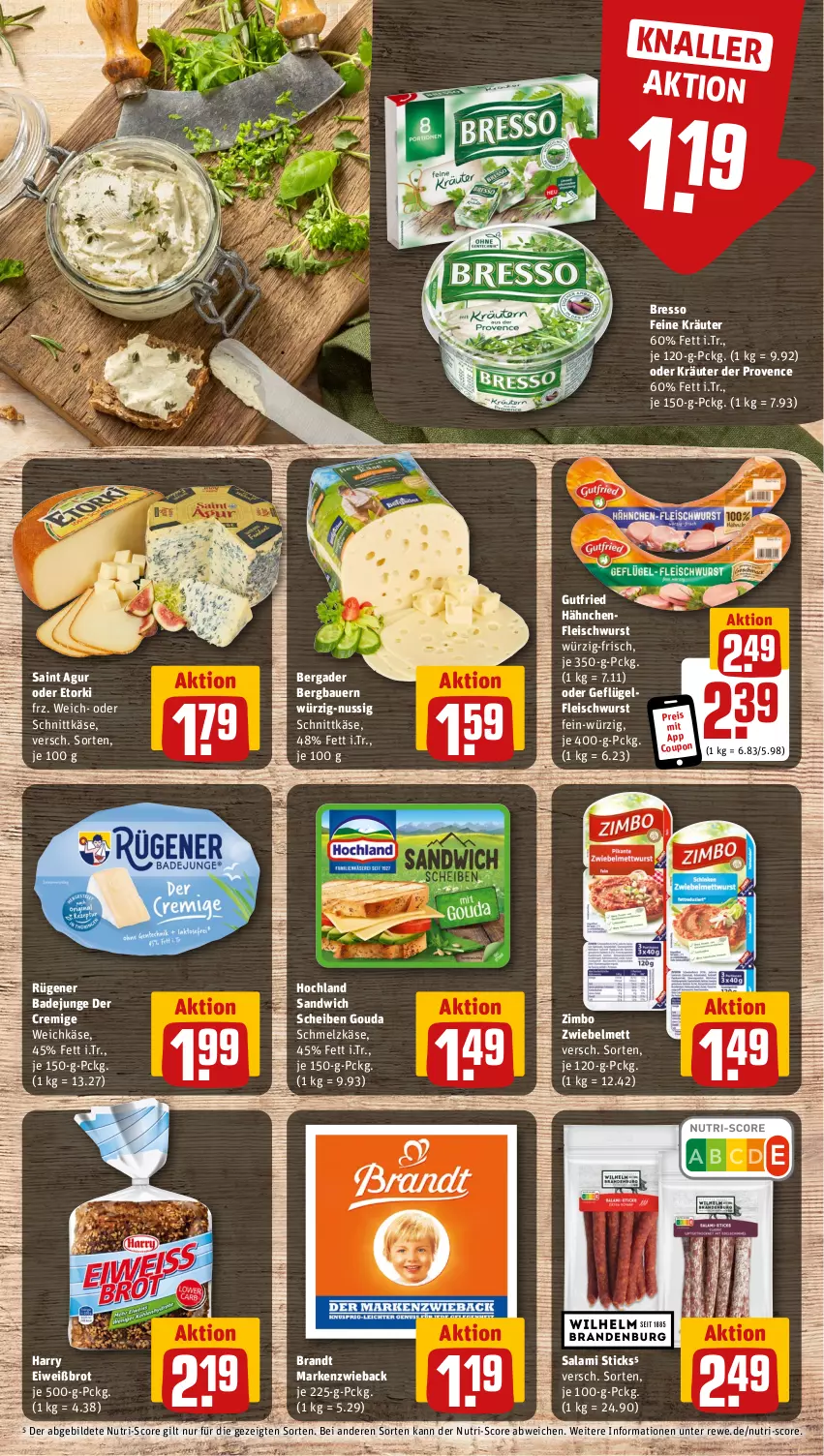 Aktueller Prospekt Rewe - Prospekte - von 08.01 bis 13.01.2024 - strona 11 - produkty: auer, Bad, Bau, Bauer, bergader, brandt, bresso, brot, coupon, eis, Eiweißbrot, fleisch, fleischwurst, Geflügel, gouda, gutfried, Hähnchenfleisch, hochland, Käse, kräuter, Markenzwieback, Mett, nuss, oder kräuter, reis, Rügener, rügener badejunge, Saint Agur, salami, sandwich, Schmelzkäse, schnittkäse, Ti, weichkäse, wurst, zimbo, zwiebel