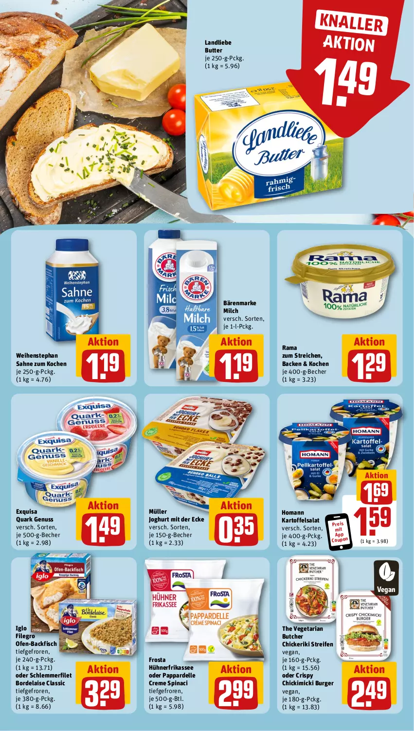 Aktueller Prospekt Rewe - Prospekte - von 08.01 bis 13.01.2024 - strona 12 - produkty: backfisch, bärenmarke, Becher, bordelaise, burger, butter, coupon, creme, dell, eis, elle, exquisa, filegro, filet, fisch, frosta, homann, hühner, iglo, joghur, joghurt, joghurt mit der ecke, kartoffel, kartoffelsalat, landliebe, milch, Müller, nerf, nuss, Ofen, ofen-backfisch, quark, quark genus, quark genuss, rama, reifen, reis, Ria, sahne, salat, schlemmerfilet, The Vegetarian Butcher, Ti, Vegeta, weihenstephan