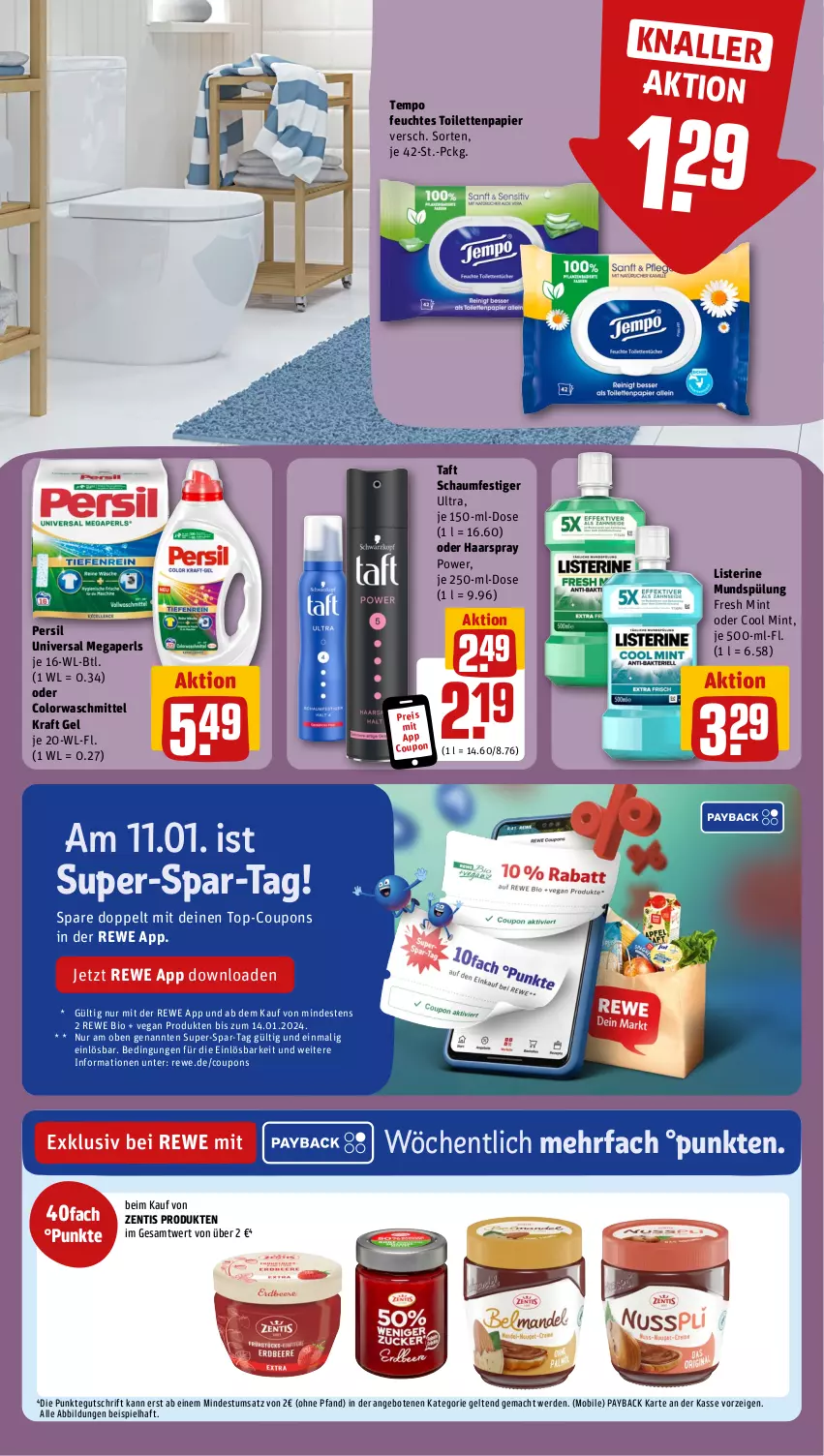 Aktueller Prospekt Rewe - Prospekte - von 08.01 bis 13.01.2024 - strona 16 - produkty: angebot, angebote, bio, colorwaschmittel, coupon, coupons, eis, erde, feuchtes toilettenpapier, haarspray, kraft, listerine, mac, megaperls, mint, mundspülung, papier, payback, persil, reis, rewe bio, schaumfestiger, spülung, Taft, Tempo, Ti, toilettenpapier, universal megaperls, waschmittel, zentis