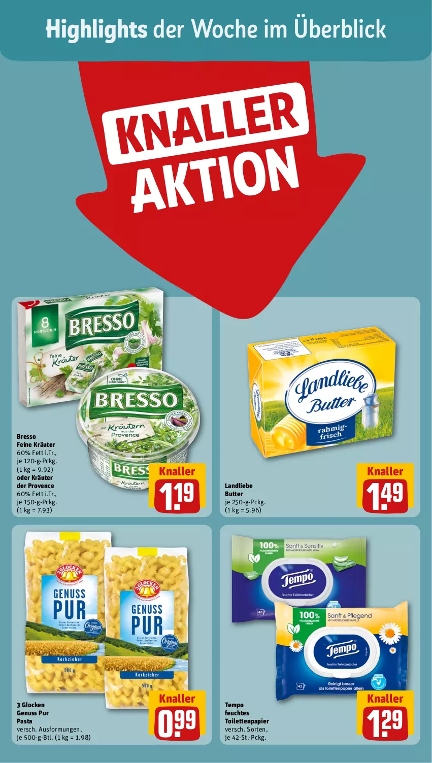 Aktueller Prospekt Rewe - Prospekte - von 08.01 bis 13.01.2024 - strona 2 - produkty: bresso, butter, feuchtes toilettenpapier, kräuter, landliebe, nuss, oder kräuter, papier, pasta, Tempo, toilettenpapier