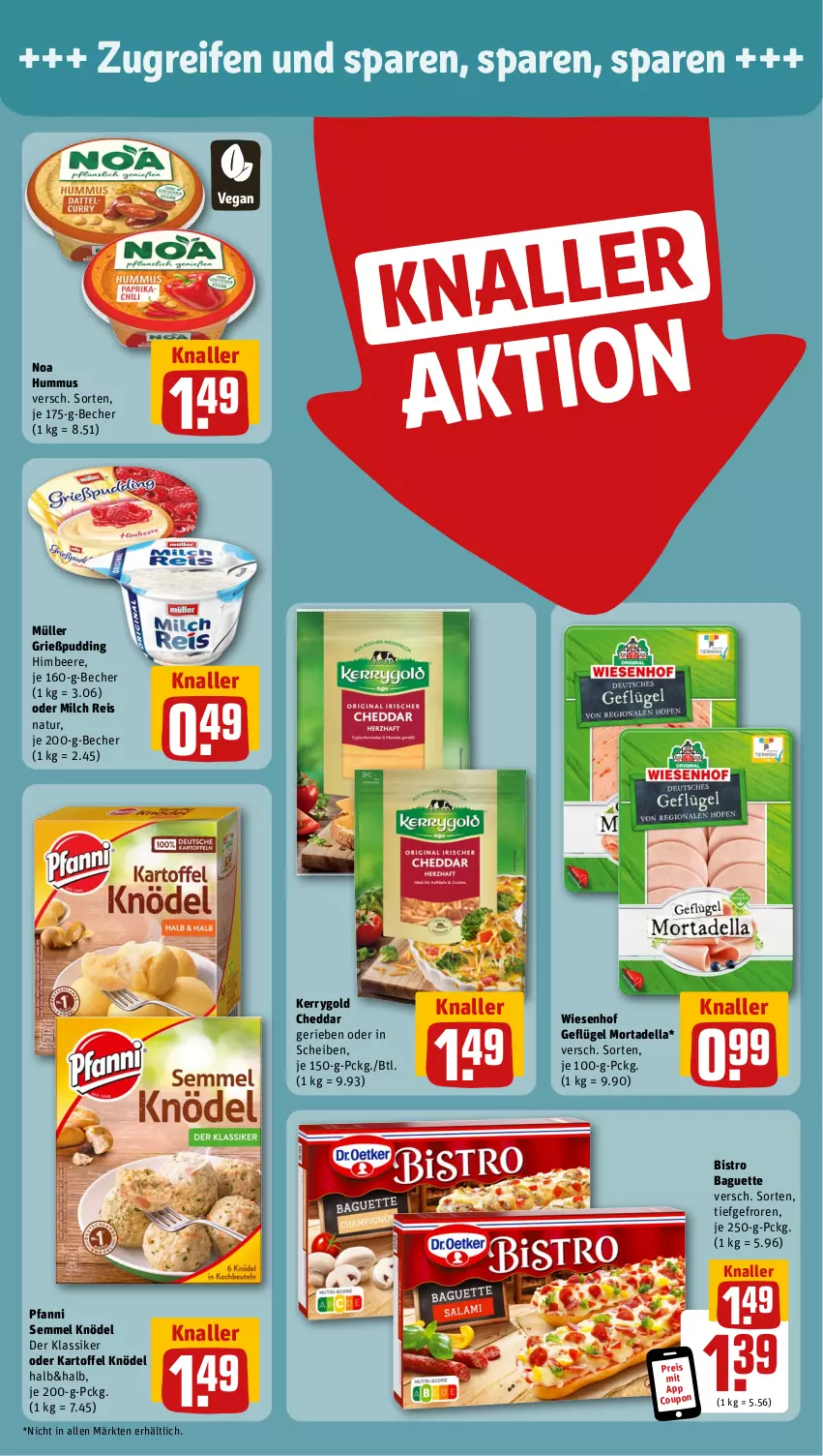 Aktueller Prospekt Rewe - Prospekte - von 08.01 bis 13.01.2024 - strona 4 - produkty: baguette, Becher, beere, Bistro Baguette, cheddar, coupon, dell, eis, Geflügel, Grießpudding, himbeer, himbeere, hummus, kartoffel, kerrygold, Knödel, milch, mortadella, Müller, natur, pfanni, pudding, reifen, reis, Semmel, Ti, wiesenhof