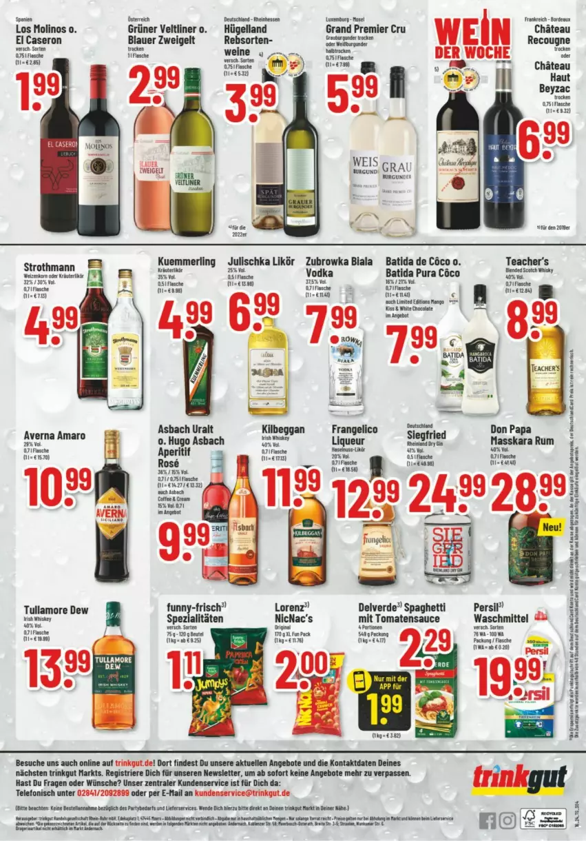 Aktueller Prospekt Trinkgut - Prospekte - von 15.04 bis 20.04.2024 - strona 6 - produkty: amaro, angebot, angebote, aperitif, asbach uralt, auer, averna, batida, beutel, blauer zweigelt, eis, elle, erde, flasche, funny-frisch, gin, grüner veltliner, hugo, Julischka, kuemmerling, likör, lorenz, merl, persil, rum, sauce, spaghetti, Spezi, telefon, Ti, tomate, tomaten, tomatensauce, tuc, tullamore, tullamore dew, waschmittel, wein, weine, whiskey, Zweigelt