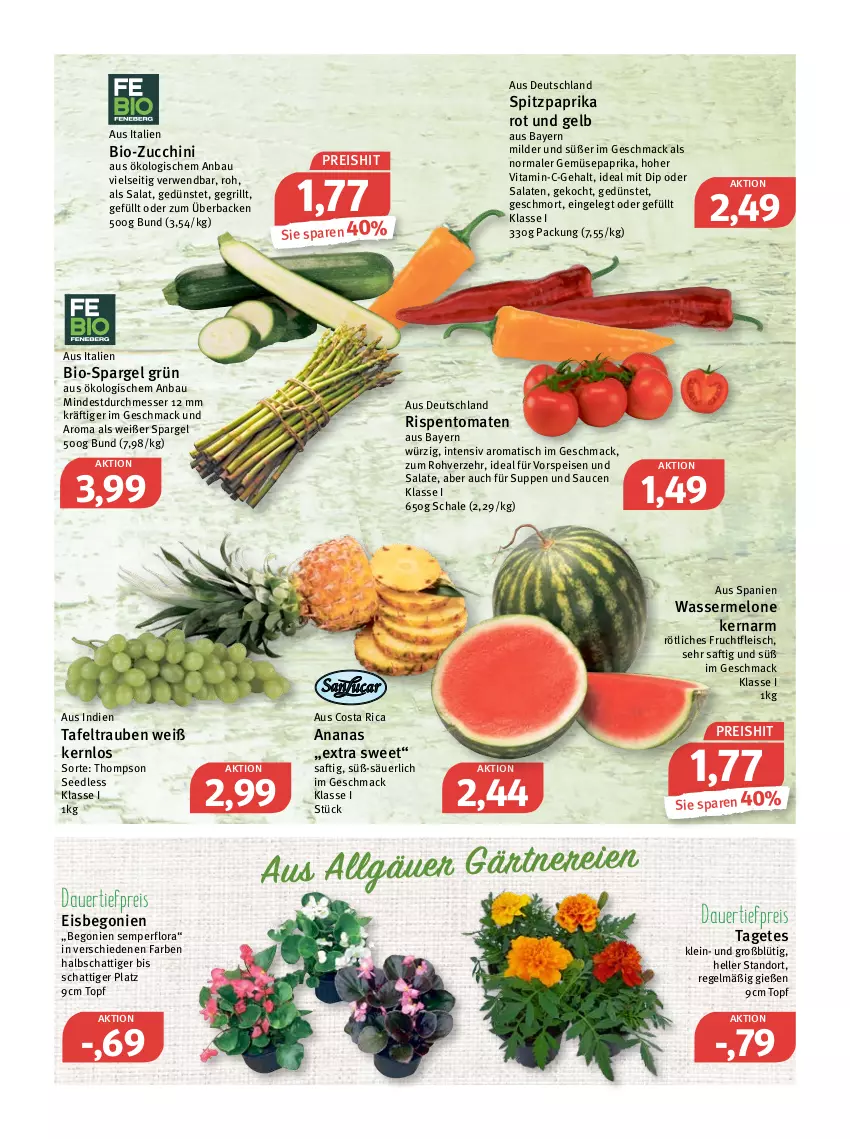 Aktueller Prospekt Feneberg - Prospekte - von 27.05 bis 28.05.2022 - strona 7 - produkty: ananas, auer, Bau, Begonie, bio, bio-zucchini, dauertiefpreis, dip, eis, elle, fleisch, frucht, fruchtfleisch, grill, mac, melone, messer, paprika, paprika rot, reis, rispentomaten, rwe, saft, salat, salate, sauce, saucen, Schal, Schale, spargel, spargel grün, Spitzpaprika, suppe, suppen, tafeltrauben, Ti, tiefpreis, tisch, tomate, tomaten, topf, trauben, vita, vorspeise, wasser, wassermelone, zucchini