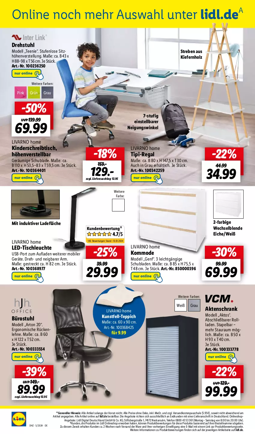 Aktueller Prospekt Lidl - Wochen-Highlights im Onlineshop - von 29.01 bis 04.02.2024 - strona 6 - produkty: Aktenschrank, angebot, angebote, dell, drehstuhl, eis, elle, gsw, Holz, Kinder, kommode, led-tischleuchte, Leuchte, Mode, ndk, regal, reis, rel, rückenlehne, Schal, Schale, Schrank, schreibtisch, schubladen, Sitzhöhe, sitzhöhenverstellung, stuhl, tee, telefon, teppich, Ti, Tipi, tisch, tischleuchte, uhr, usb, weck