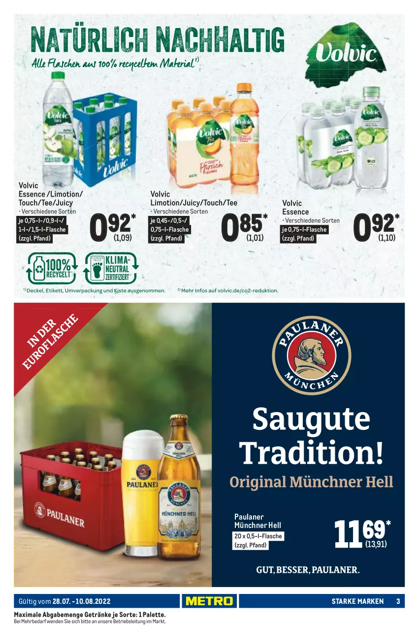 Aktueller Prospekt Metro - Starke Marken - von 28.07 bis 10.08.2022 - strona 3 - produkty: flasche, getränk, getränke, limo, Palette, Paula, paulaner, tee, Ti, volvic