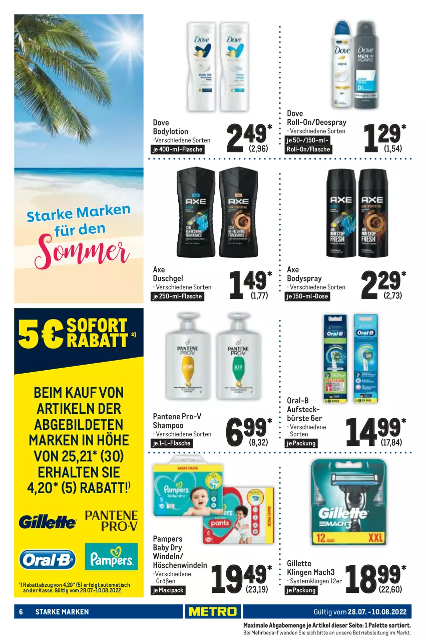 Aktueller Prospekt Metro - Starke Marken - von 28.07 bis 10.08.2022 - strona 6 - produkty: auto, axe, axe duschgel, body, bodylotion, bodyspray, bürste, deo, deospray, dove, duschgel, flasche, gillette, LG, Lotion, mac, mach3, oral-b, Palette, pampers, pampers baby dry, pantene, pantene pro-v, pro-v, roll-on, shampoo, Systemklingen, Ti, tisch, windeln