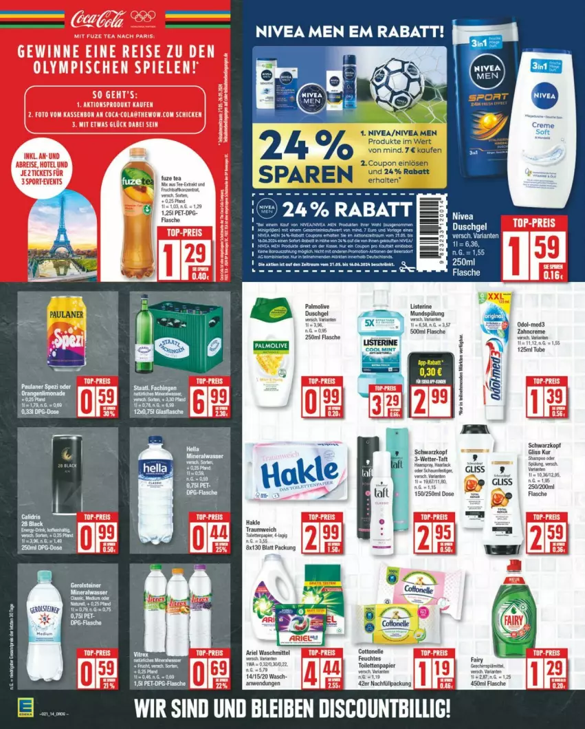 Aktueller Prospekt Edeka - Prospekte - von 18.05 bis 25.05.2024 - strona 14 - produkty: ariel, cottonelle, coupon, duschgel, elle, flasche, gliss, gliss kur, listerine, mundspülung, nivea, Nivea Men, Odol, olive, palmolive, papier, schwarzkop, schwarzkopf, spülung, Taft, toilettenpapier, Wanne