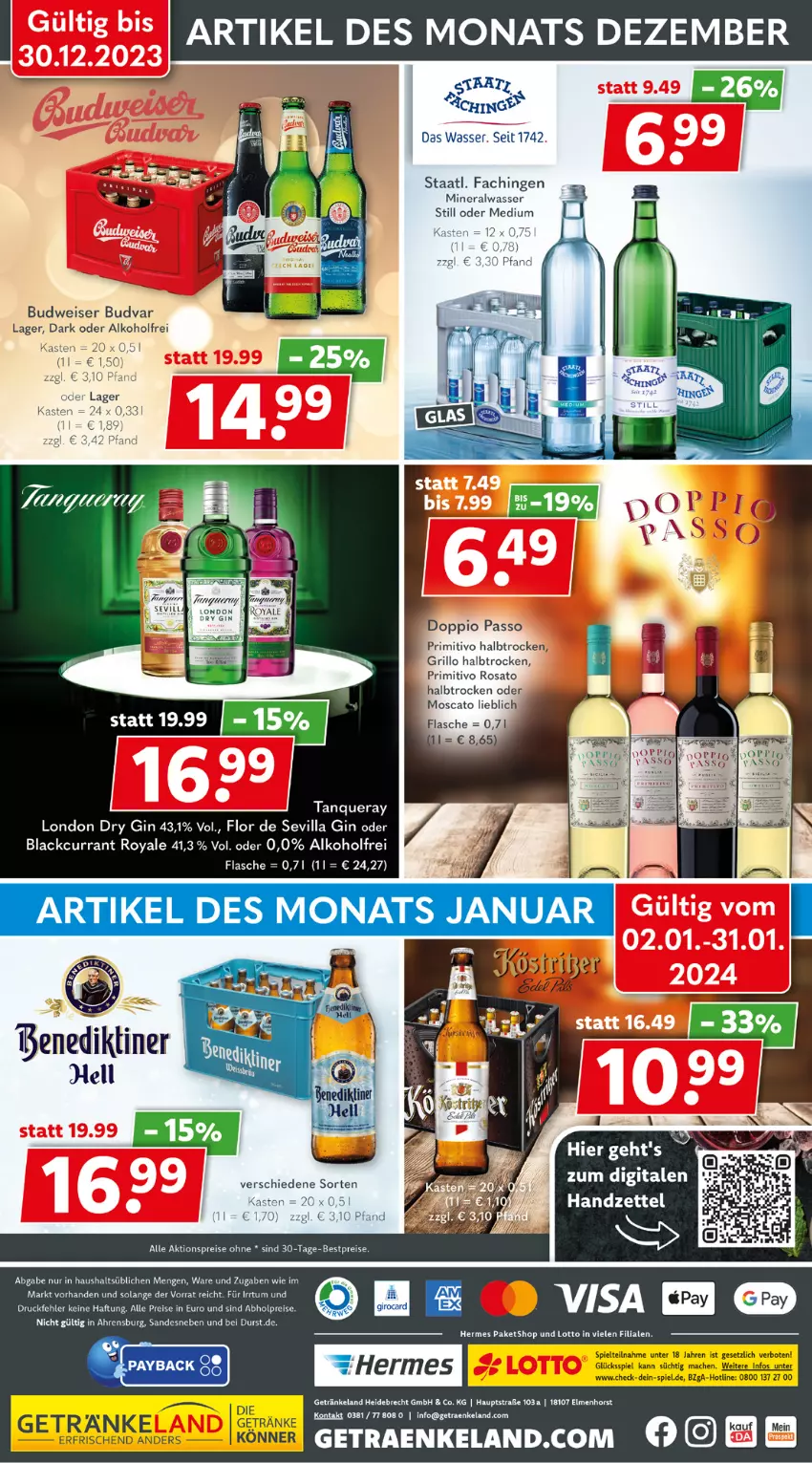 Aktueller Prospekt Getraenkeland - von 27.12.2023 bis 06.01.2024 - strona 8 - produkty: abholpreise, alkohol, Alwa, budweiser, Currant, doppio passo, dry gin, eis, Elan, flasche, getränk, getränke, gin, grill, grillo, lack, london dry, london dry gin, mac, mineralwasser, Mineralwasser Still, passo, payback, primitivo, reis, rosato, Staatl. Fachingen, Tanqueray, Ti, Tiere, Vase, wasser