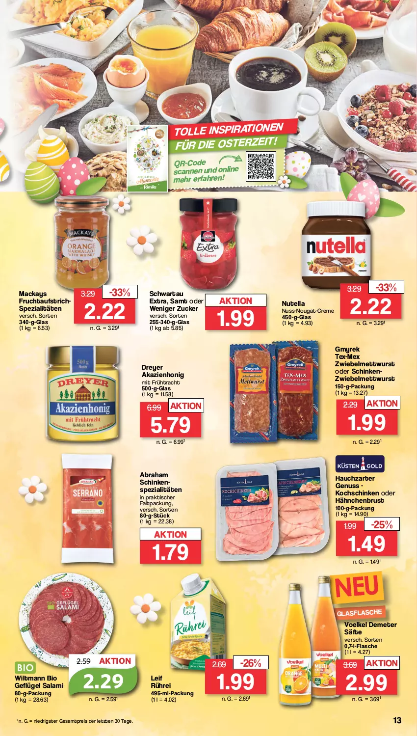 Aktueller Prospekt Famila - Prospekte - von 25.03 bis 30.03.2024 - strona 13 - produkty: aufstrich, bio, creme, eis, flasche, frucht, fruchtaufstrich, Geflügel, glasflasche, hähnchenbrust, honig, kochschinken, mac, Mett, mettwurst, nuss, nuss-nougat-creme, nutella, reis, säfte, salami, schinken, Schwartau, Spezi, Ti, tisch, wiltmann, wurst, ZTE, zucker, zwiebel, zwiebelmettwurst