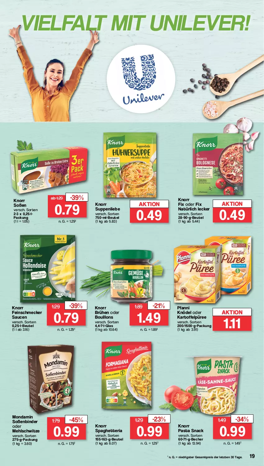 Aktueller Prospekt Famila - Prospekte - von 25.03 bis 30.03.2024 - strona 19 - produkty: Becher, beutel, Brühe, eis, feinschmecker, kartoffel, Kartoffelpüree, Knödel, knorr, knorr fix, knorr pasta, mehl, mondamin, pasta, pasta snack, pfanni, püree, reis, Ria, sauce, saucen, snack, Soße, suppe, suppen, suppenliebe, Ti, ZTE