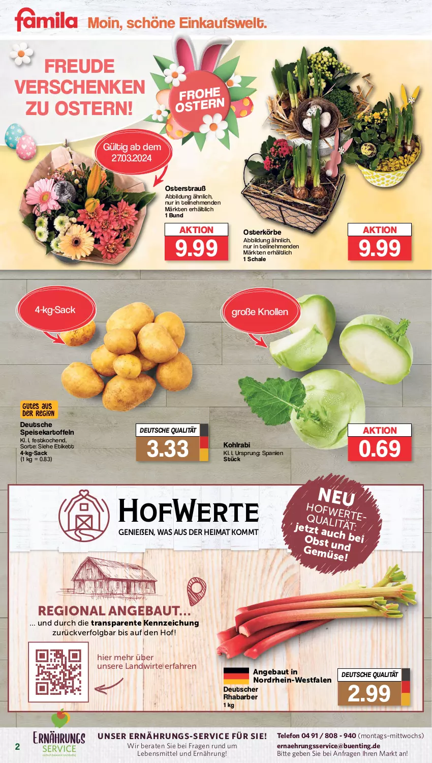 Aktueller Prospekt Famila - Prospekte - von 25.03 bis 30.03.2024 - strona 2 - produkty: Bau, eis, ente, kartoffel, kartoffeln, kohlrabi, lebensmittel, LG, obst, rhabarber, sac, Schal, Schale, speisekartoffeln, telefon, Ti